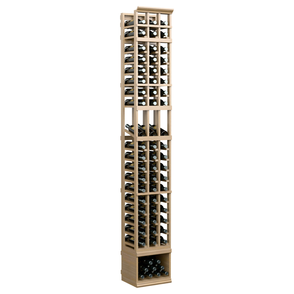 3-column wine display rack in light tan wood with glass front and bottle slots on three columns