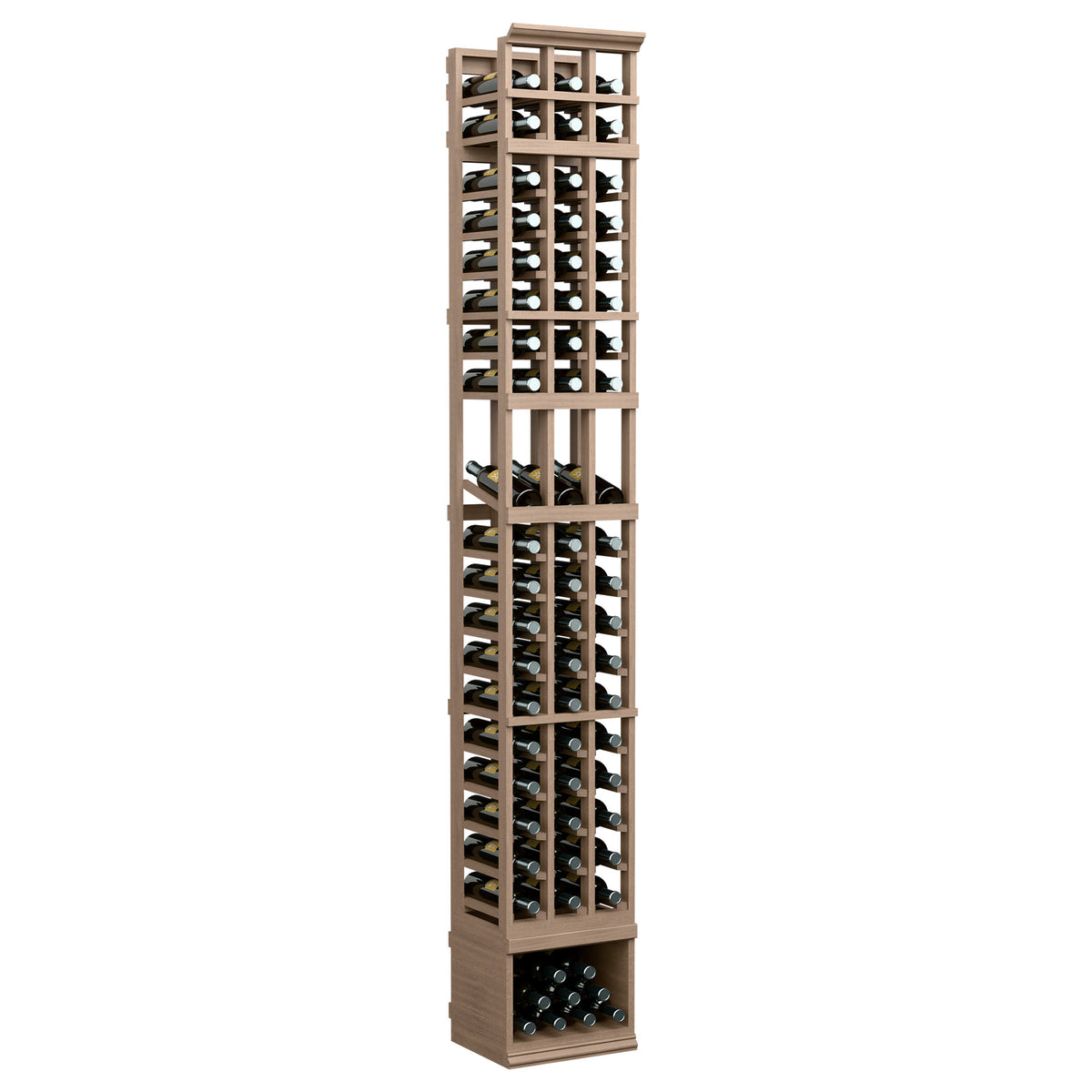 3-column wine display rack in medium walnut brown with glass bottle slots and lower storage bay