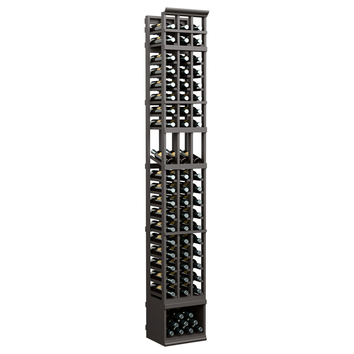 3-column wine display rack in dark grey with glass bottle slots and top wine grid