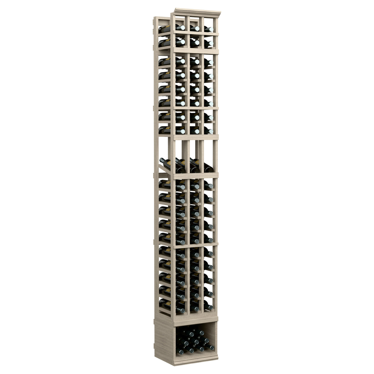 Three-column 8FT wine bottle display rack, light whitewash wood with bottle slots
