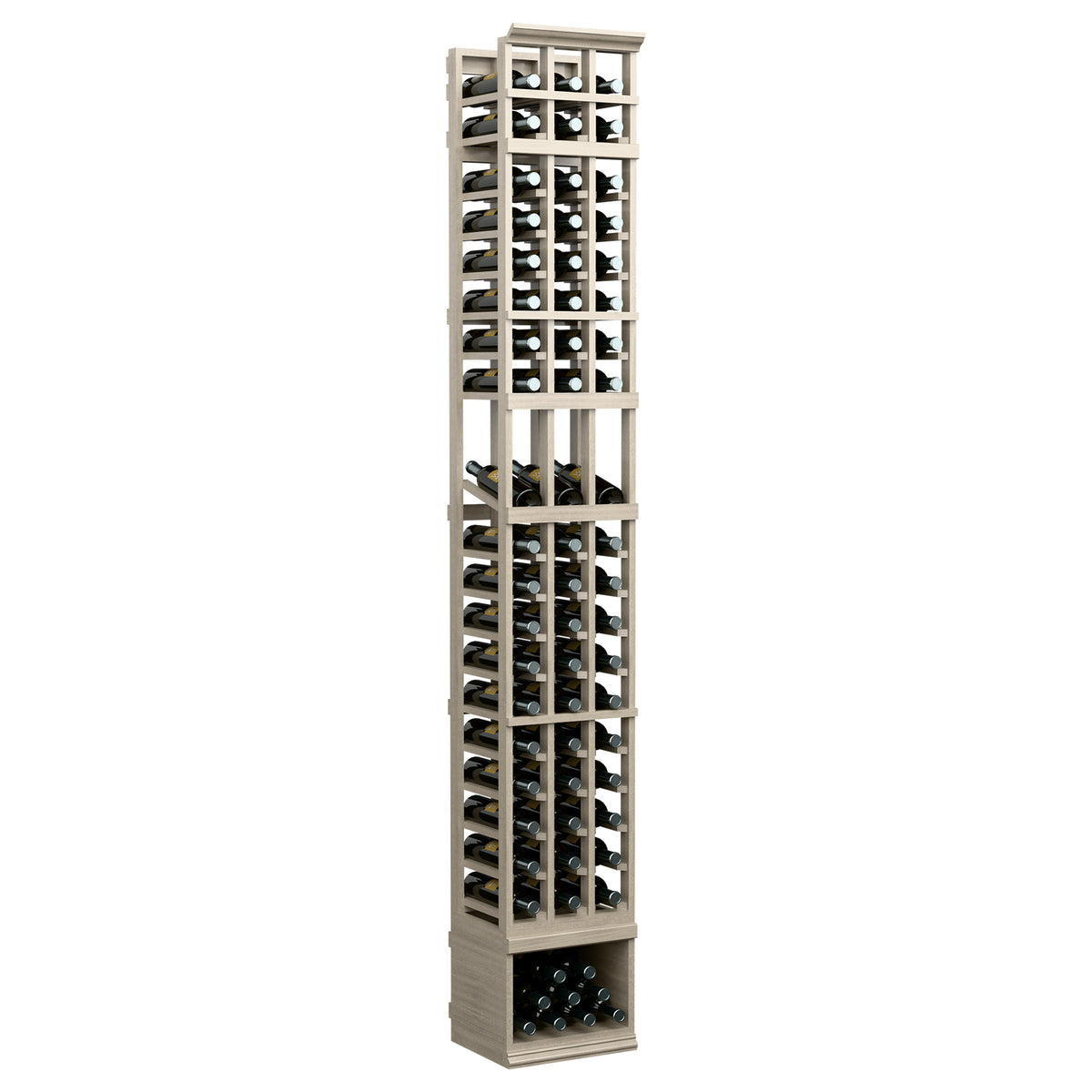 Three-column 8FT wine bottle display rack, whitewashed finish with front bottle openings