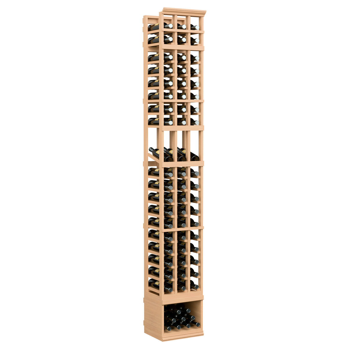 Three-column 8FT wine bottle display rack, natural wood with grid-style bottle holders