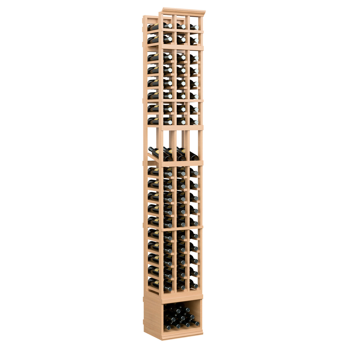 Three-column 8FT wine bottle display rack, light natural wood with three bottle rows