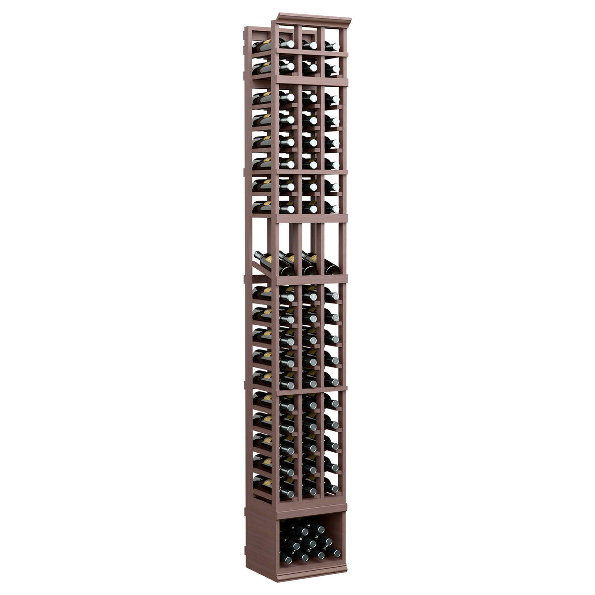 Three-column 8FT wine bottle display rack, dark espresso wood with bottle grid openings