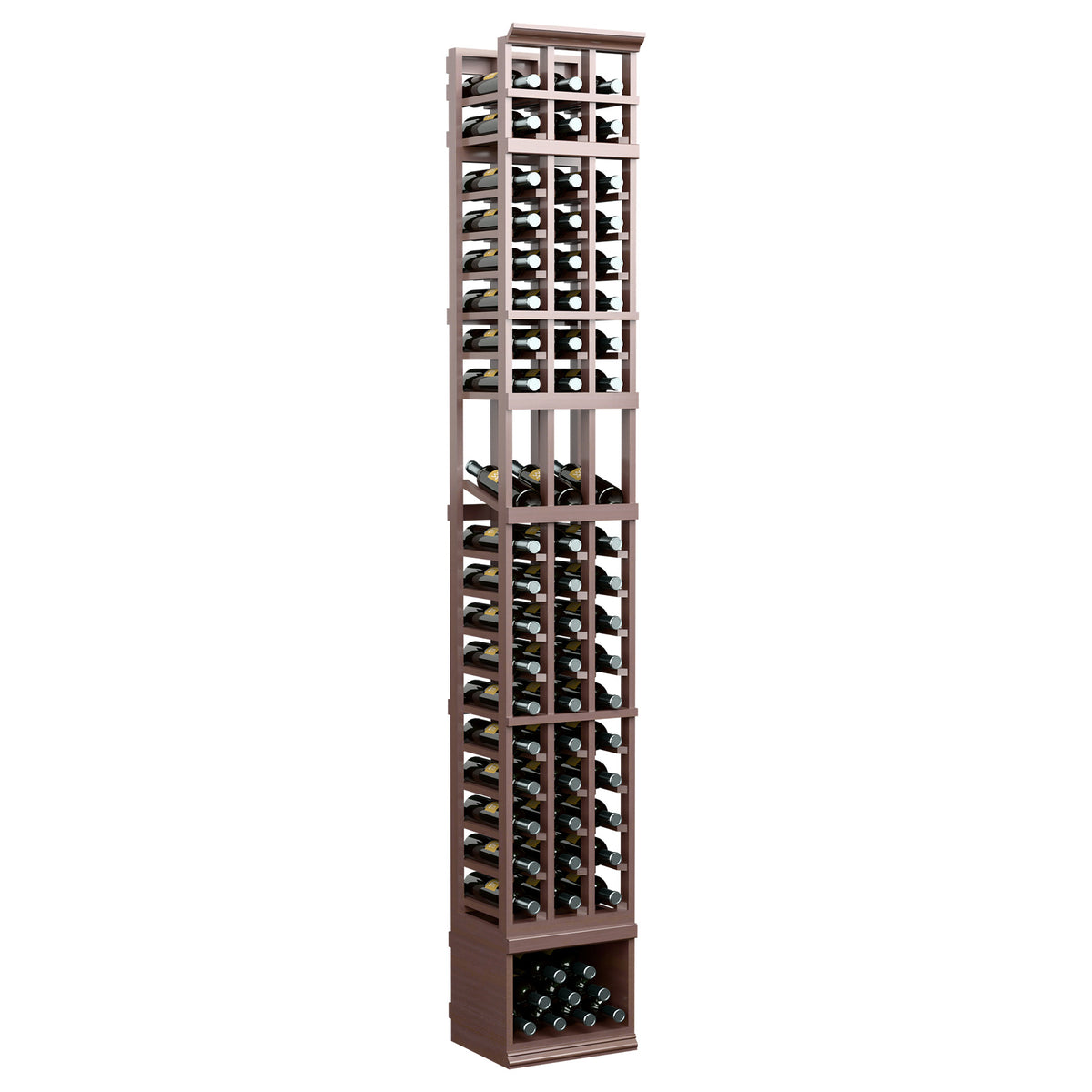 Three-column 8FT wine bottle display rack, deep brown finish with front wine bottle slots