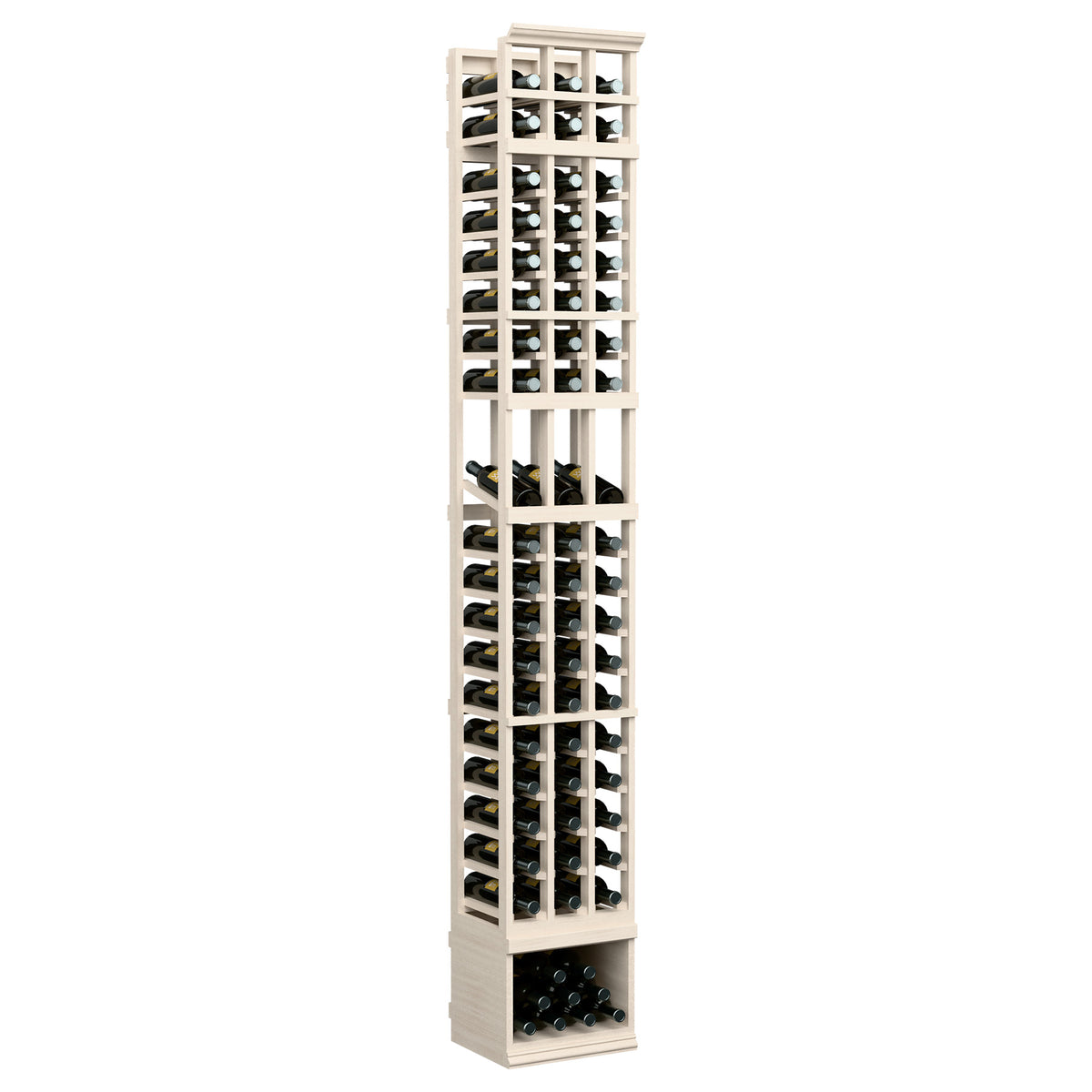 Three-column 8FT wine bottle display rack, light natural wood with three stacked bottle areas