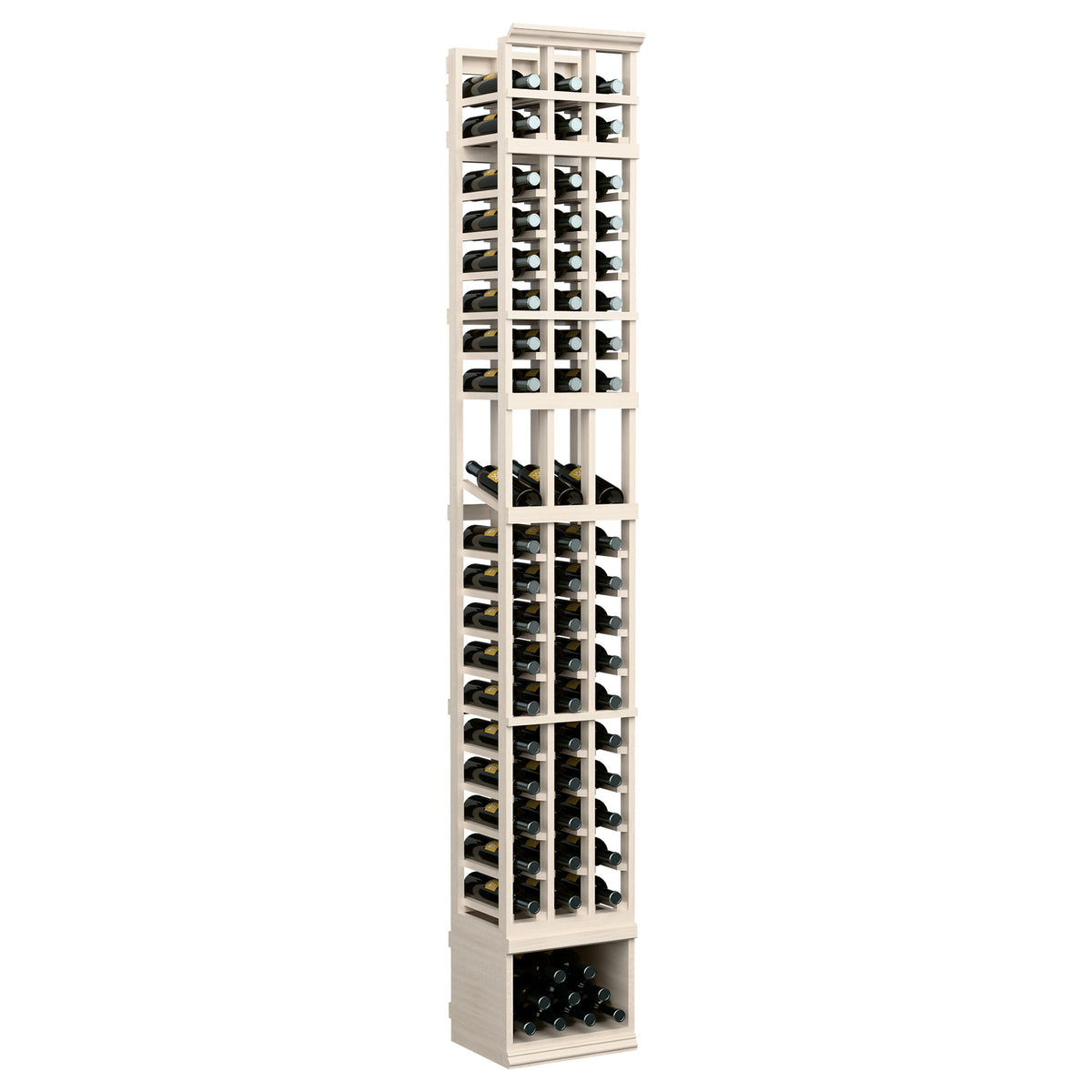 Three-column 8FT wine bottle display rack, light wood finish with front wine bottle compartments
