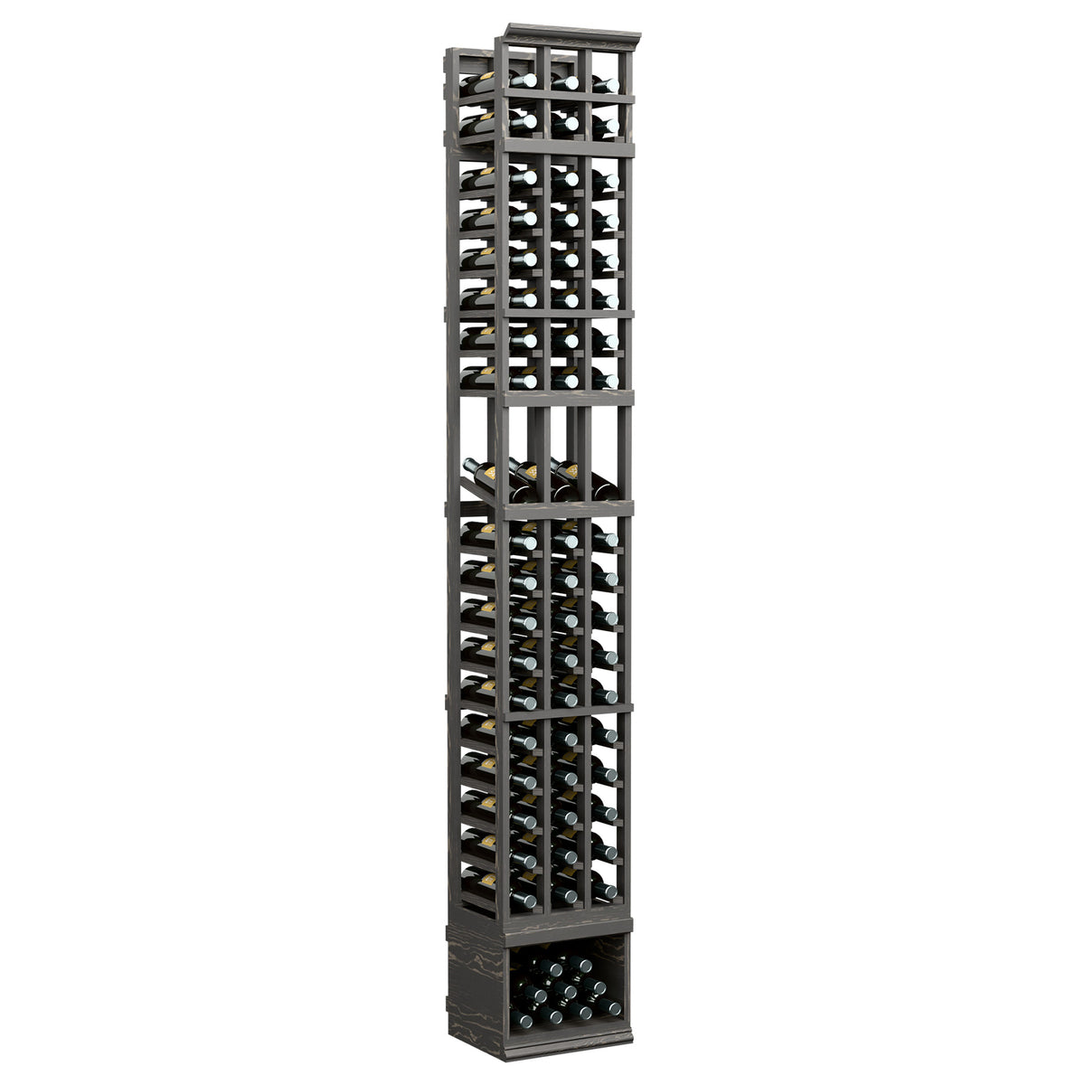 Tall 3-column wine display rack with dark frame and glass bottle slots