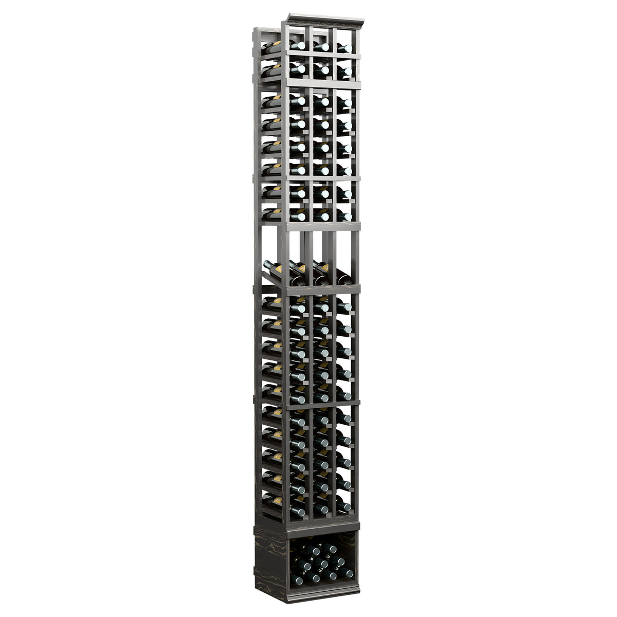 Freestanding 3-column wine rack with dark finish, front wine bottle compartments