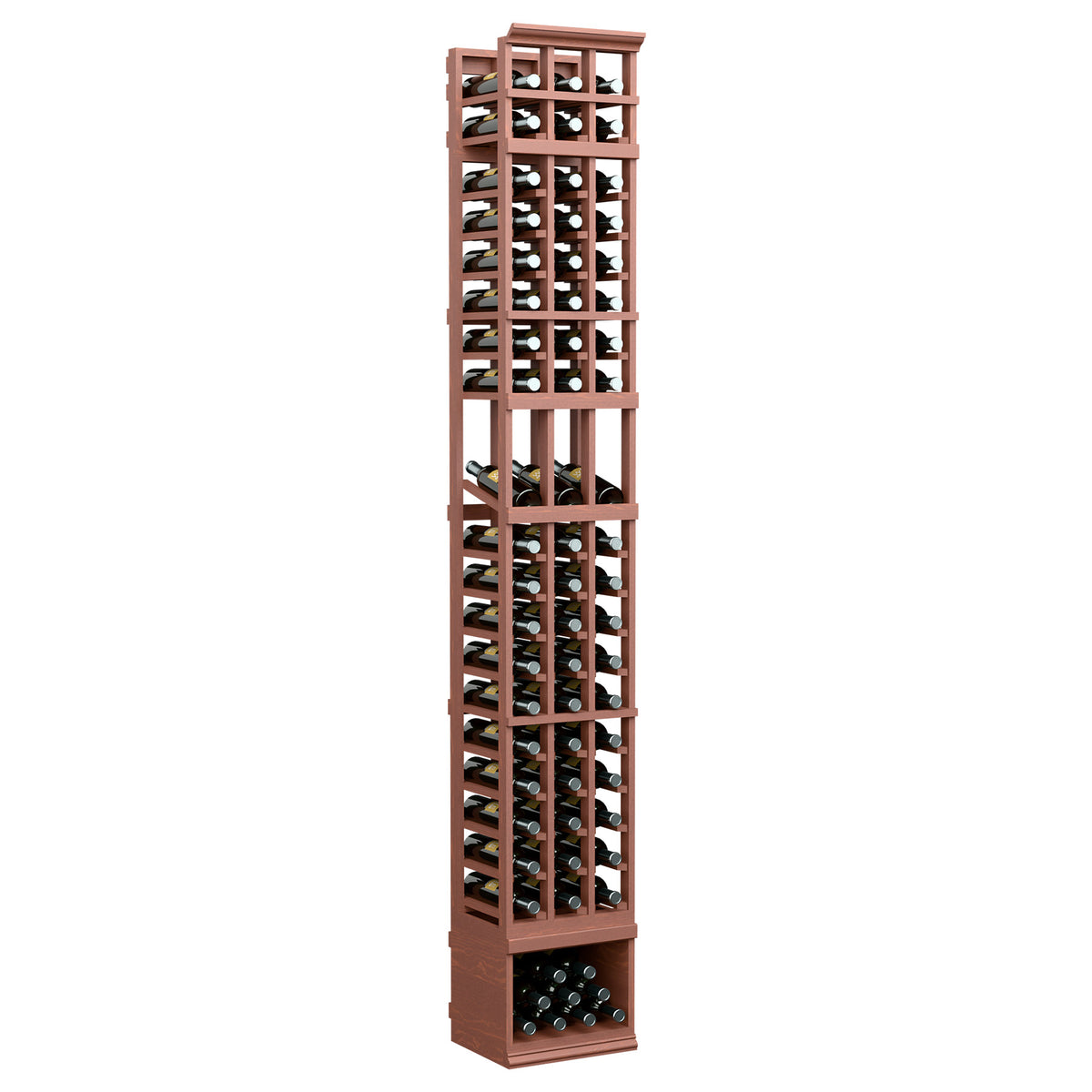 Tall 3-column wine display rack with warm wood frame and front bottle slots