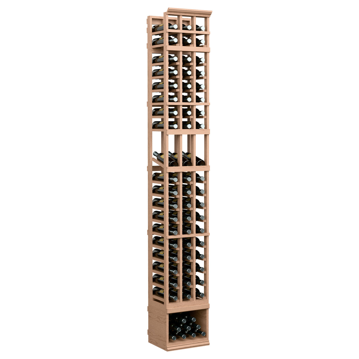 Tall 3-column wine display rack with light wood frame and front wine bottle slots