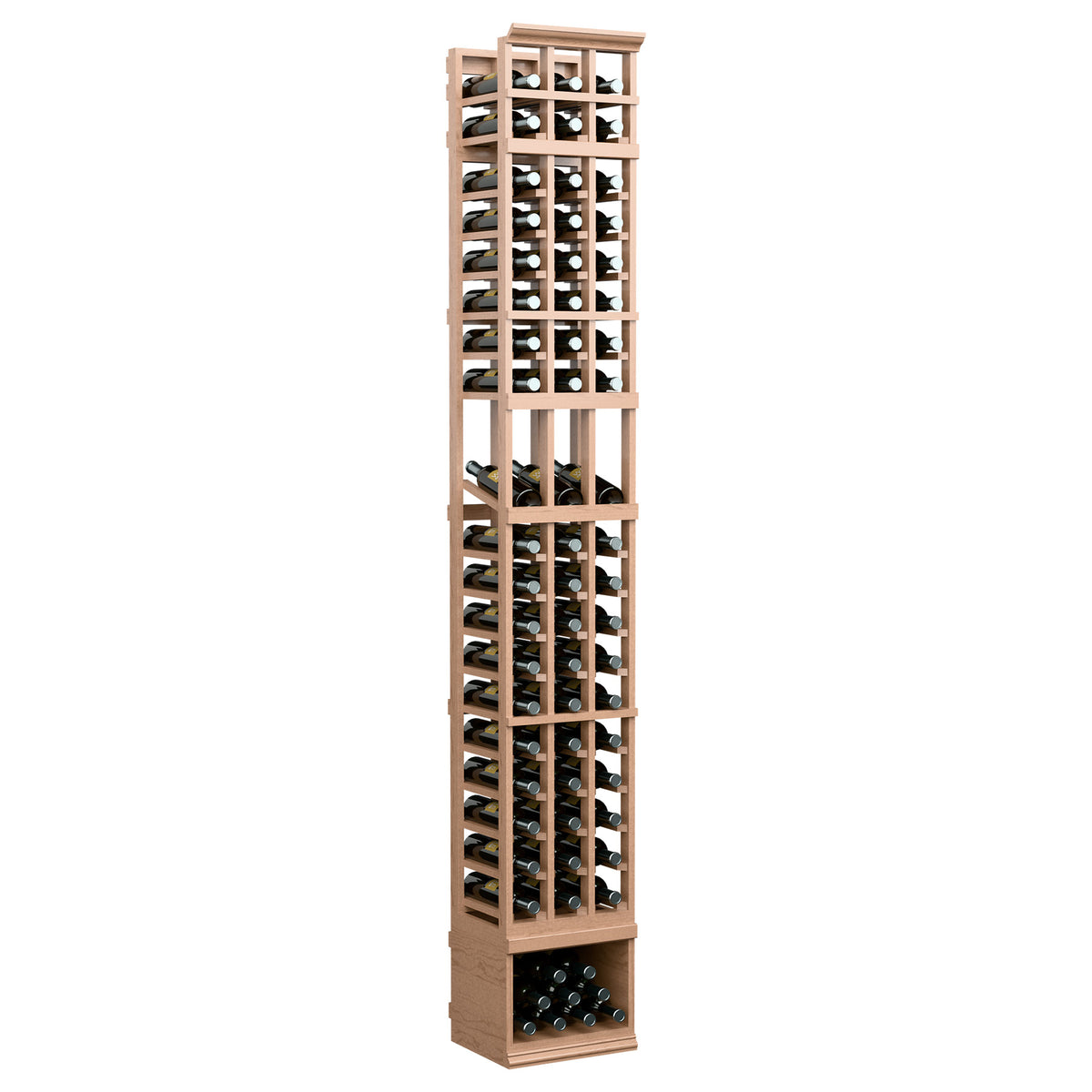 Freestanding 3-column wine rack with natural wood finish and glass bottle compartments