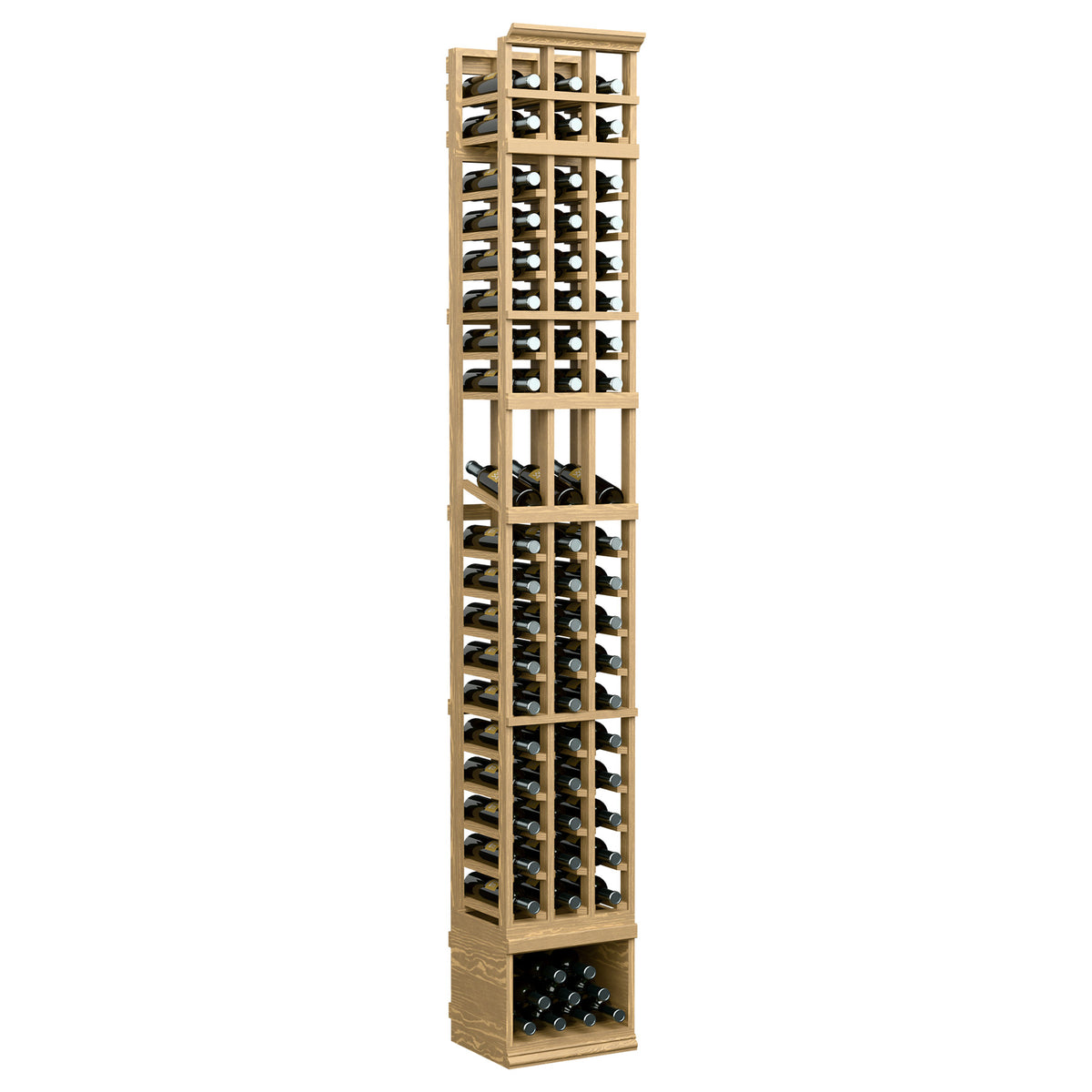 Tall 3-column wine display rack with pale wood frame and front bottle cubbies