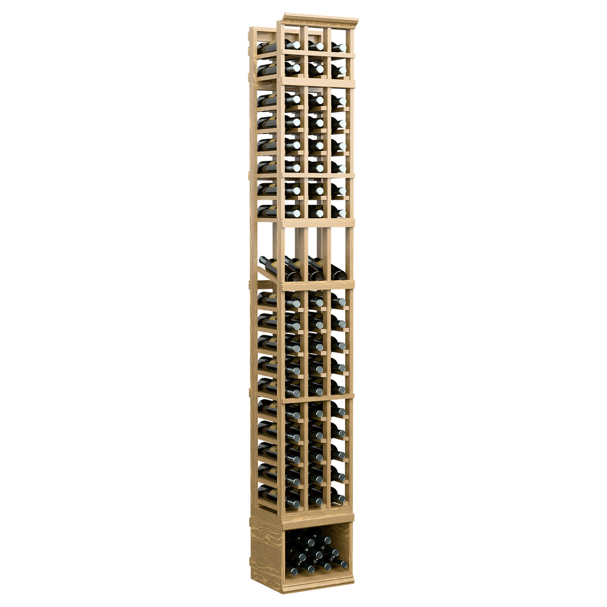 Freestanding 3-column wine rack with light wood finish and stacked bottle storage