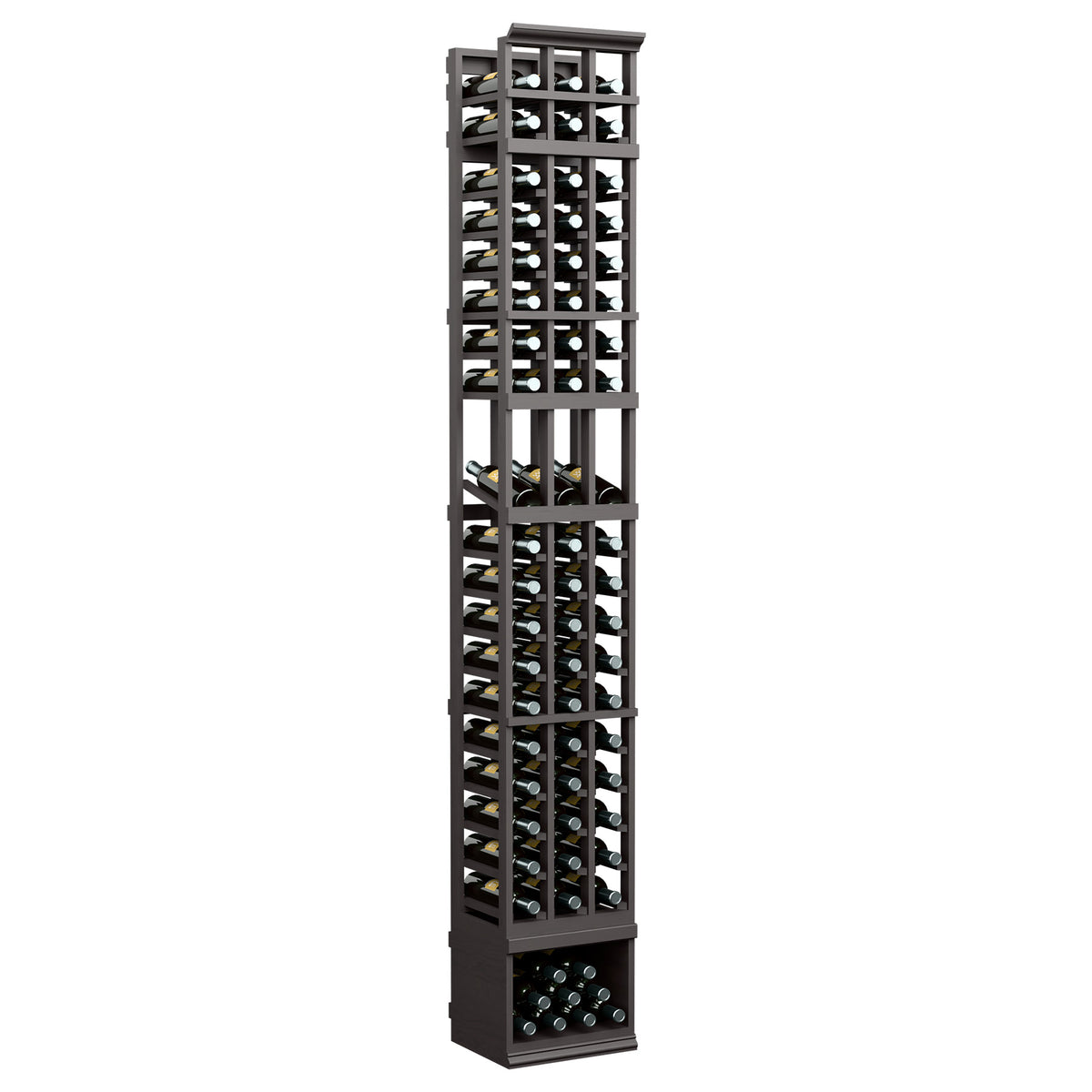 Tall 3-column wine display rack with dark finish and front bottle slots