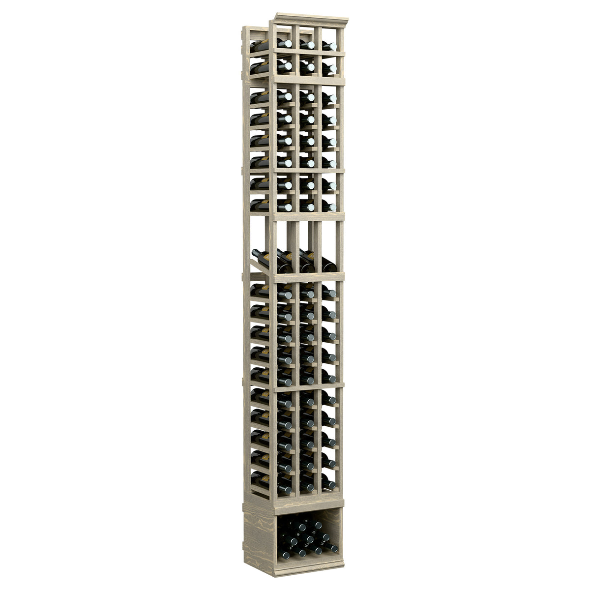 3-column wine bottle display rack in light grey finish, tall open grid with bottle holders