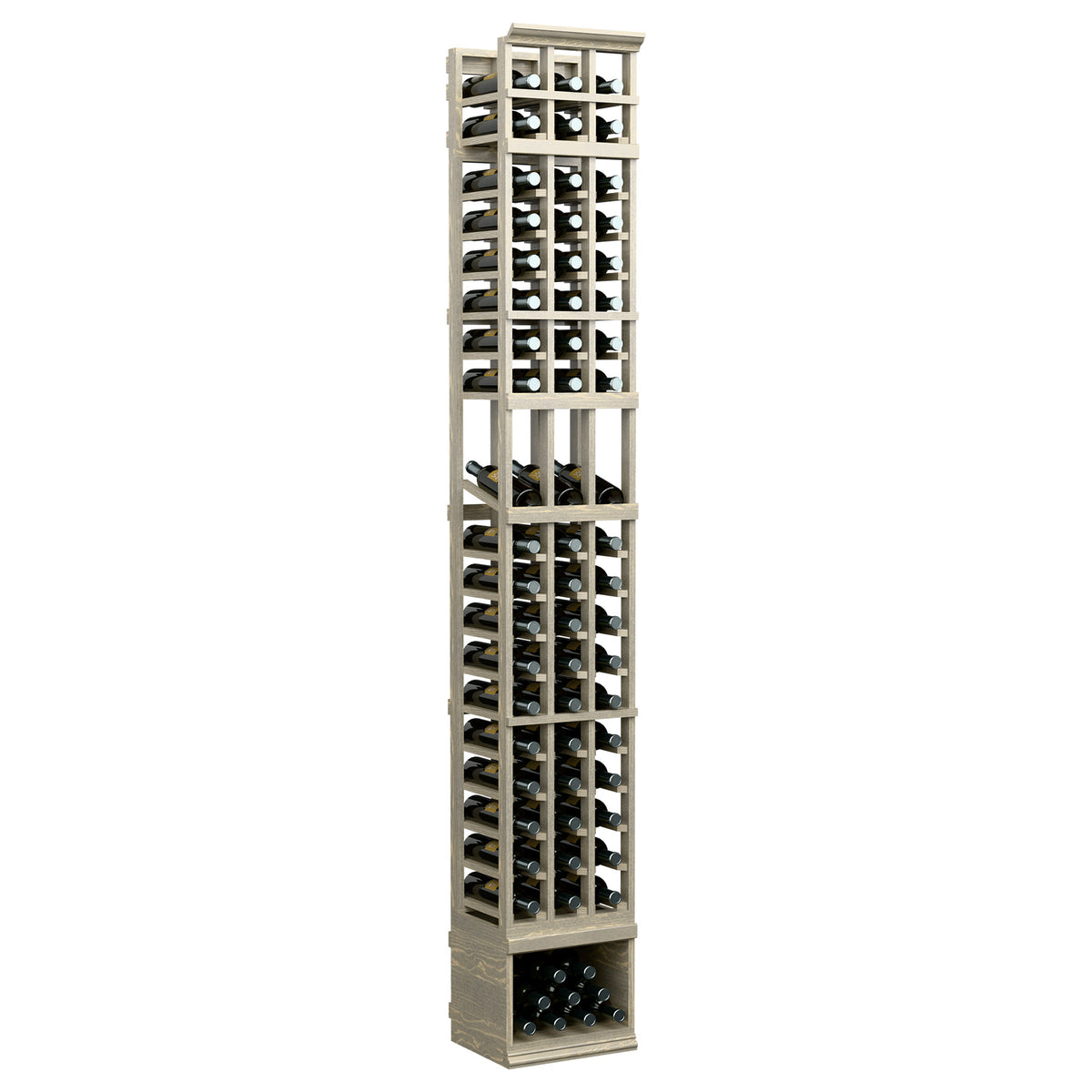 3-column wine bottle display rack, tall narrow cabinet with three bottle columns and base bin
