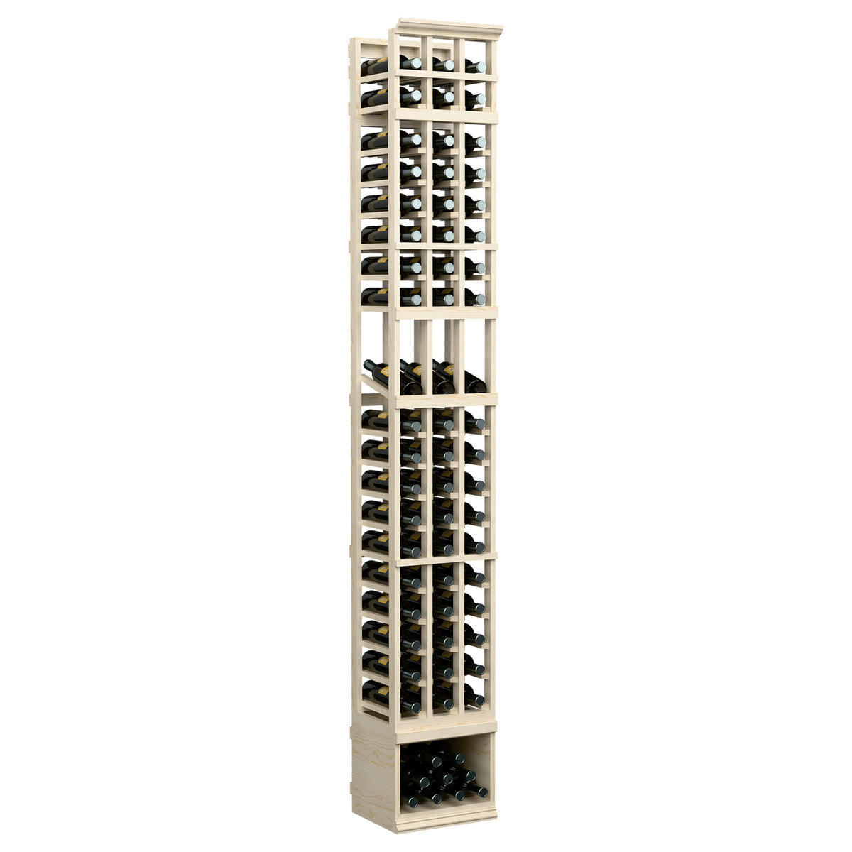 3-column wine bottle display rack with light grey shelves, open grid and bottom bottle compartment