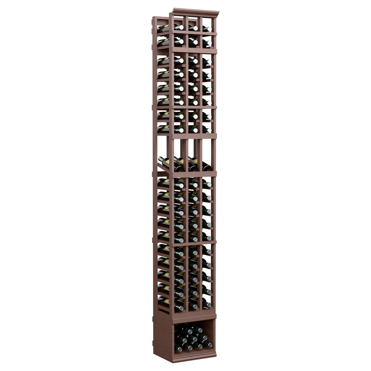 3-column wine bottle display rack in dark brown finish, open frame with bottle slots