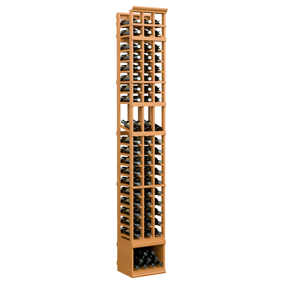 3-column wine bottle display rack in warm wood finish, open grid with three bottle columns