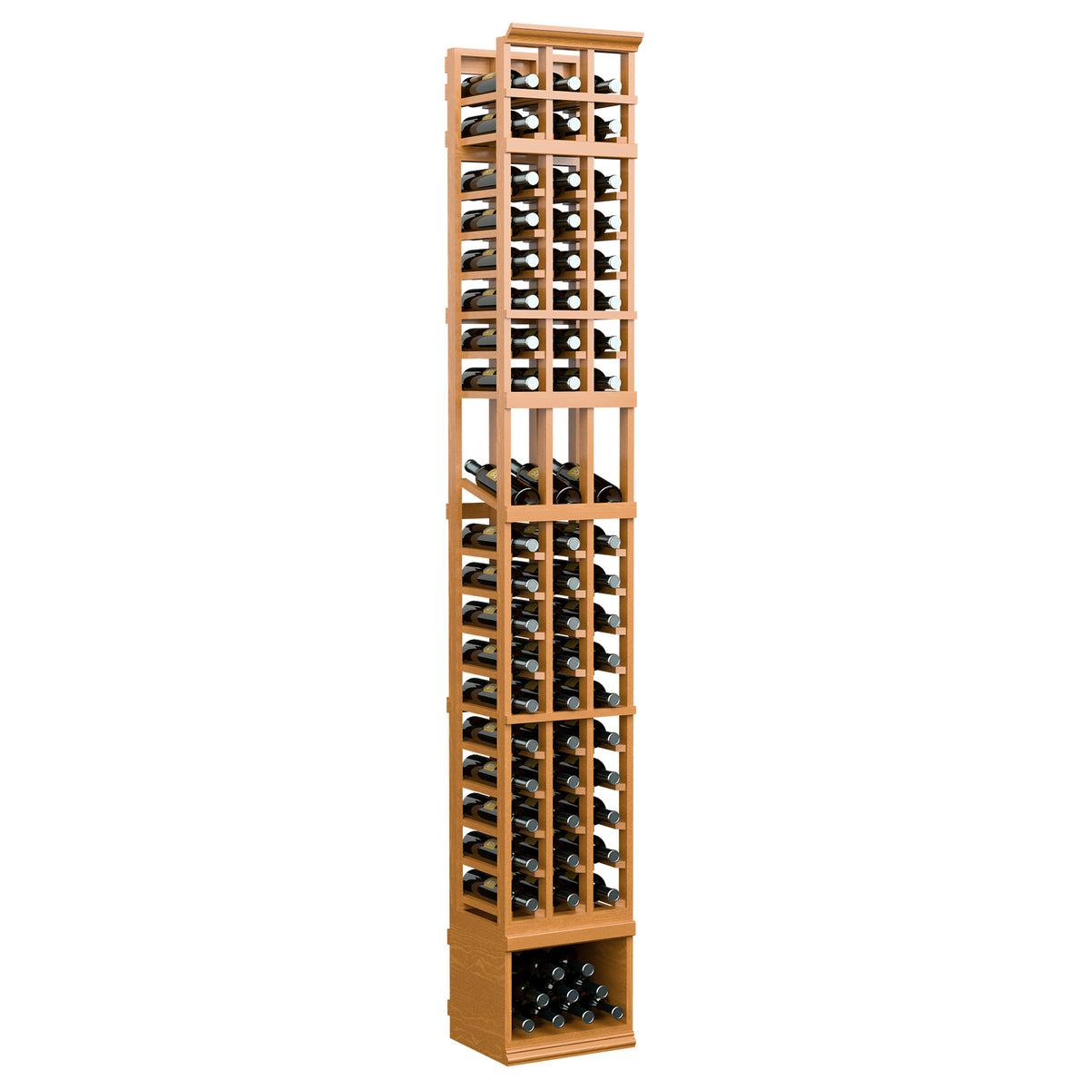 3-column wine bottle display rack in warm wood, tall cabinet with open shelves and bottom bin