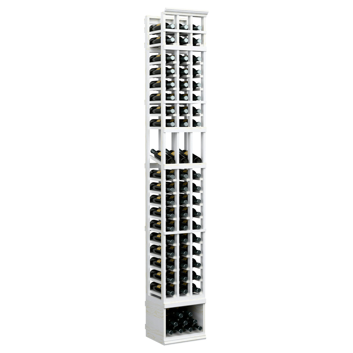 3-column wine bottle display rack in white finish, tall narrow frame with bottle holders and base bin