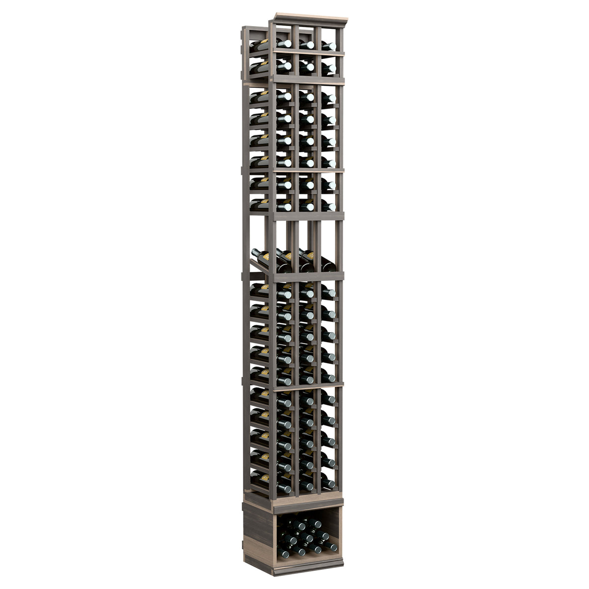 Wine display rack with three columns, bottle slots, grey finish