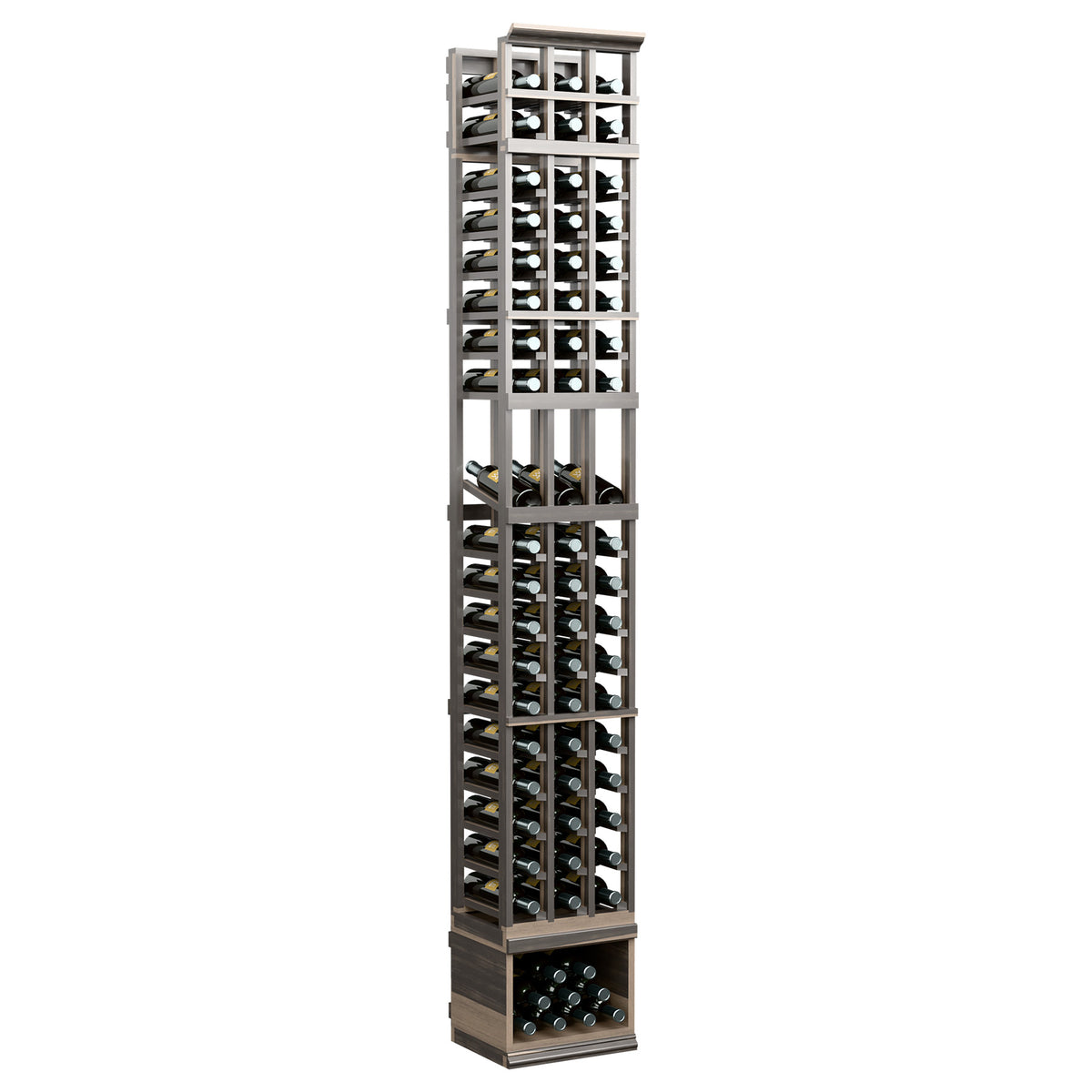 Wine display rack with three columns, bottle slots, grey finish