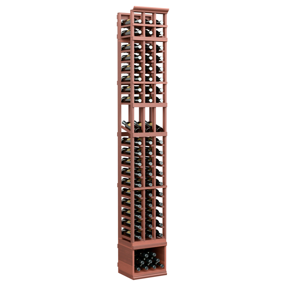 Wine display rack with three columns, bottle slots, reddish wood finish