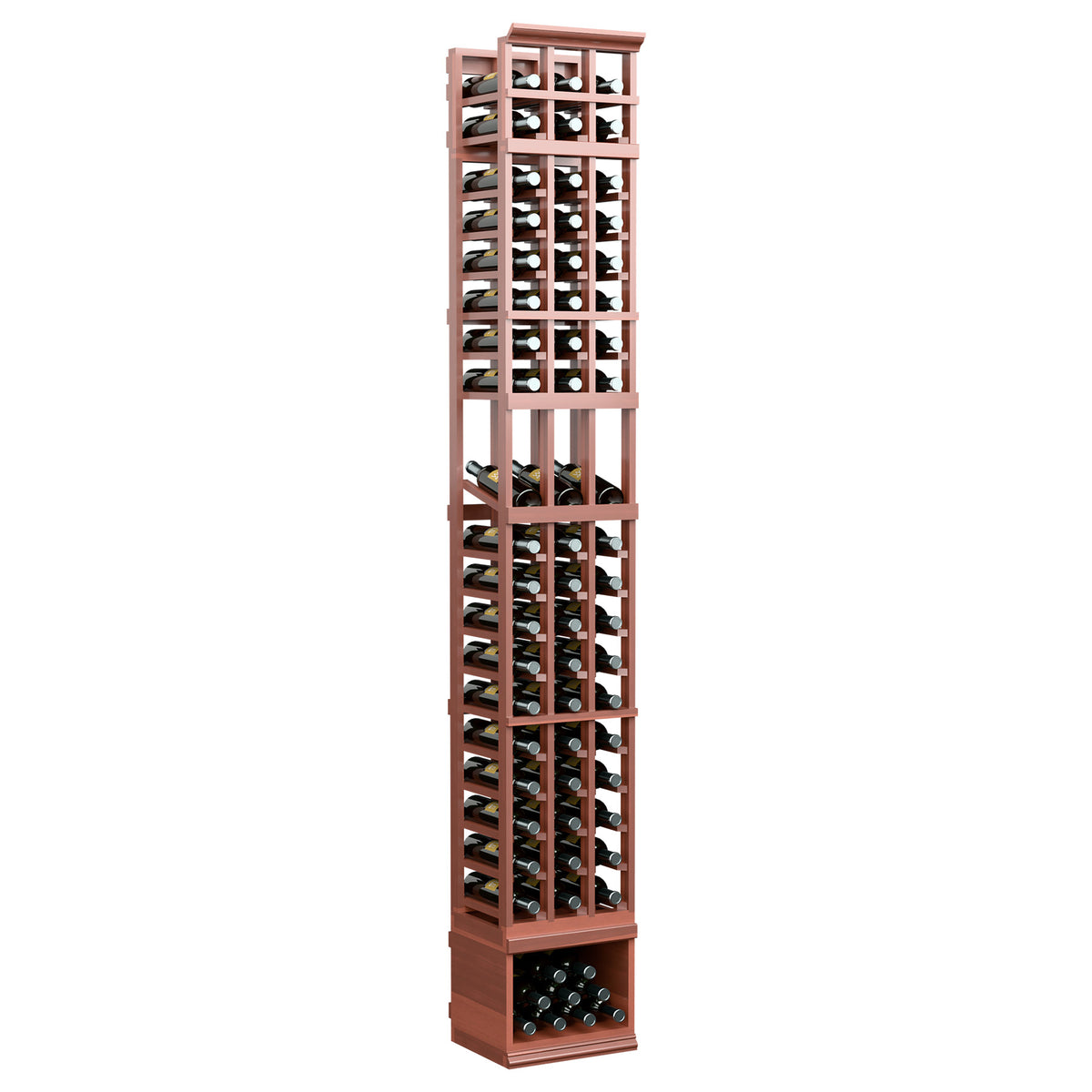 Wine display rack with three columns, bottle slots, reddish wood finish