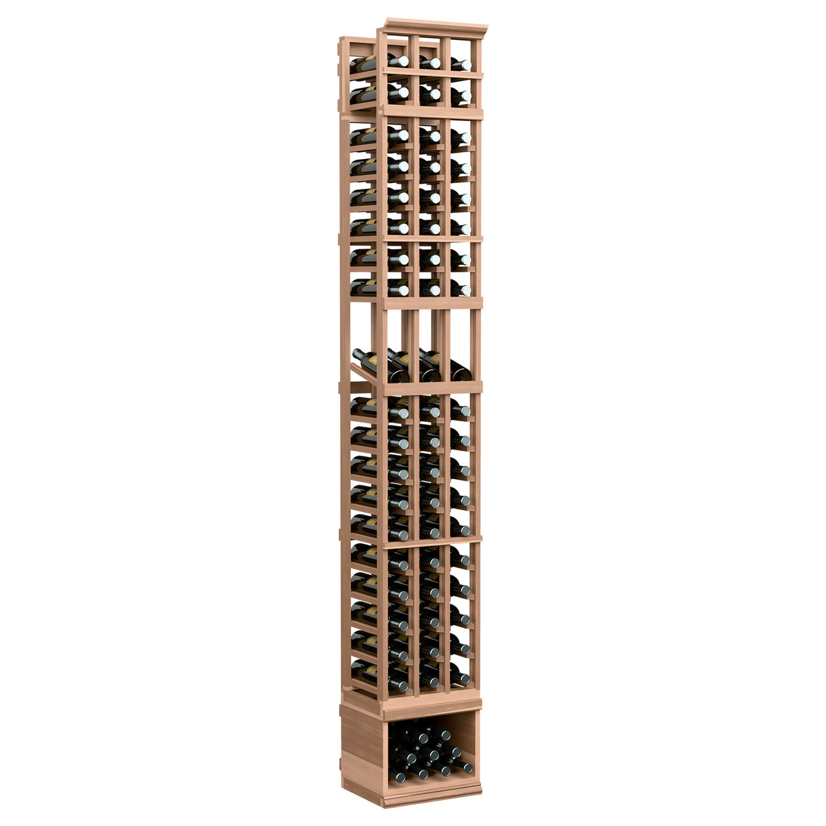 Wine display rack with three columns, bottle slots, light wood finish