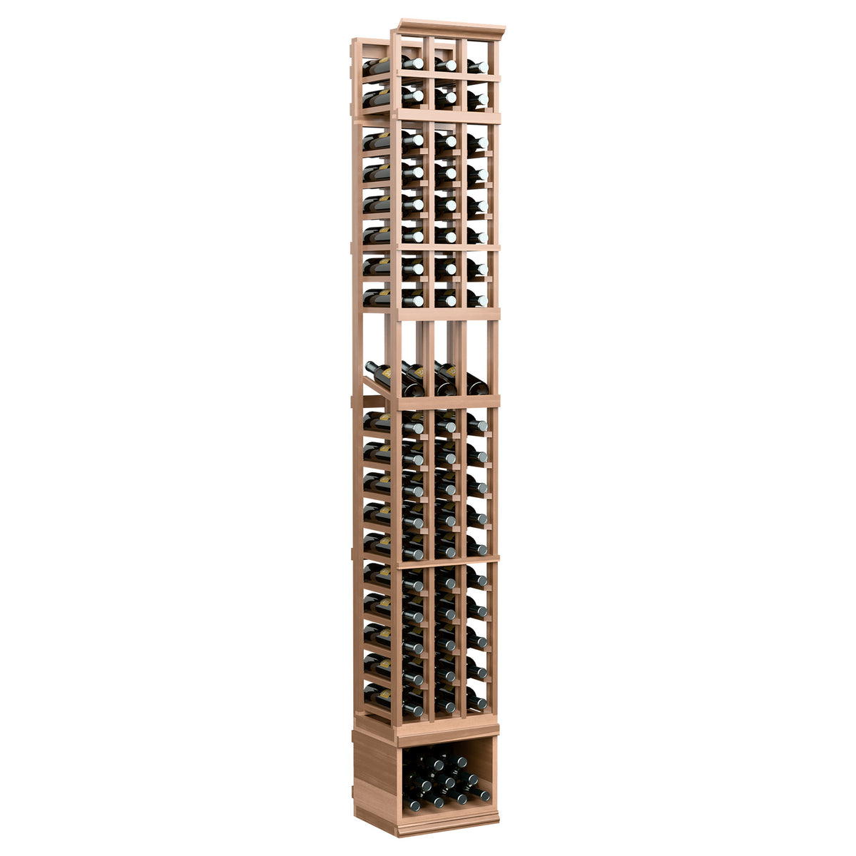 Wine display rack with three columns, bottle slots, light wood finish