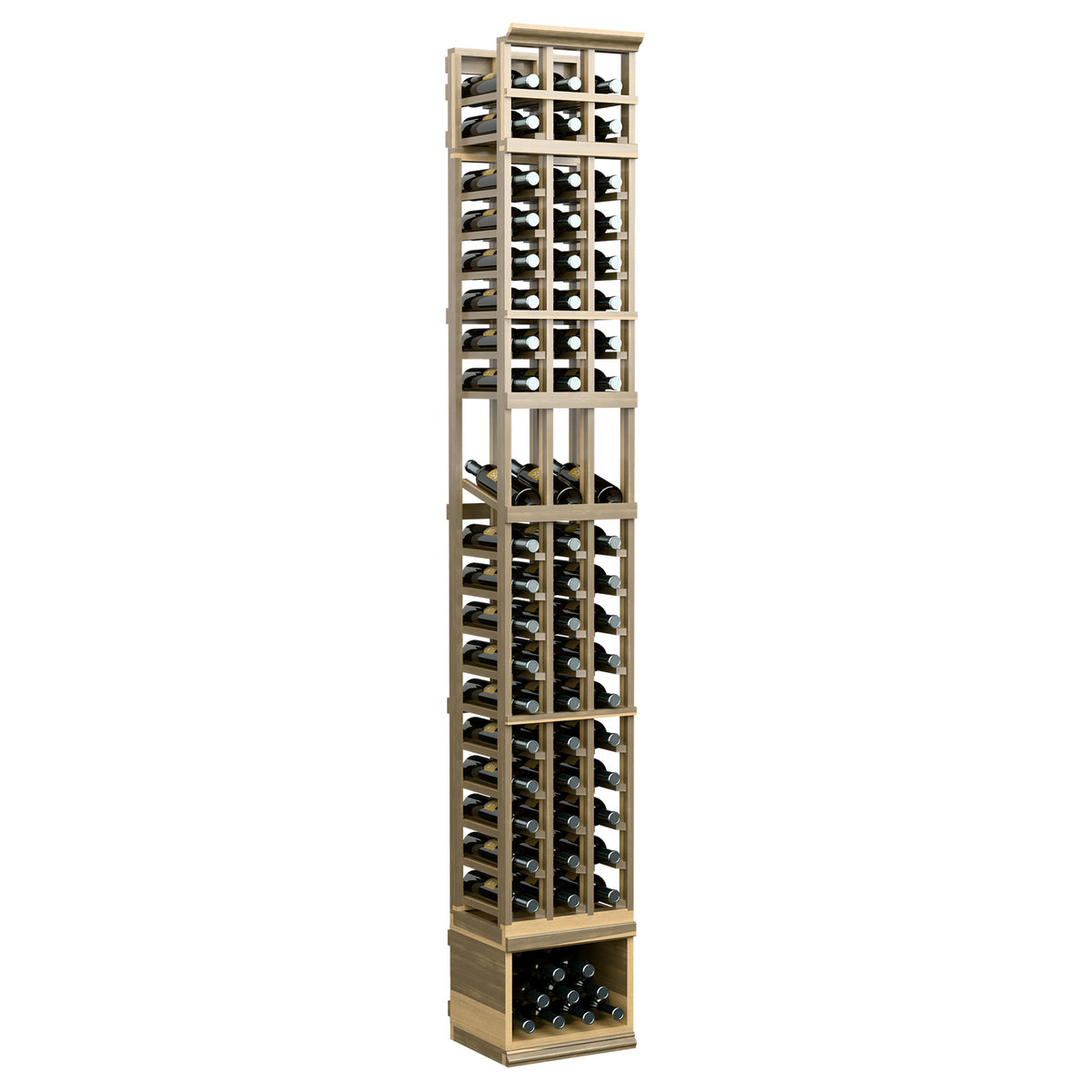 Wine display rack with three columns, bottle slots, natural wood finish