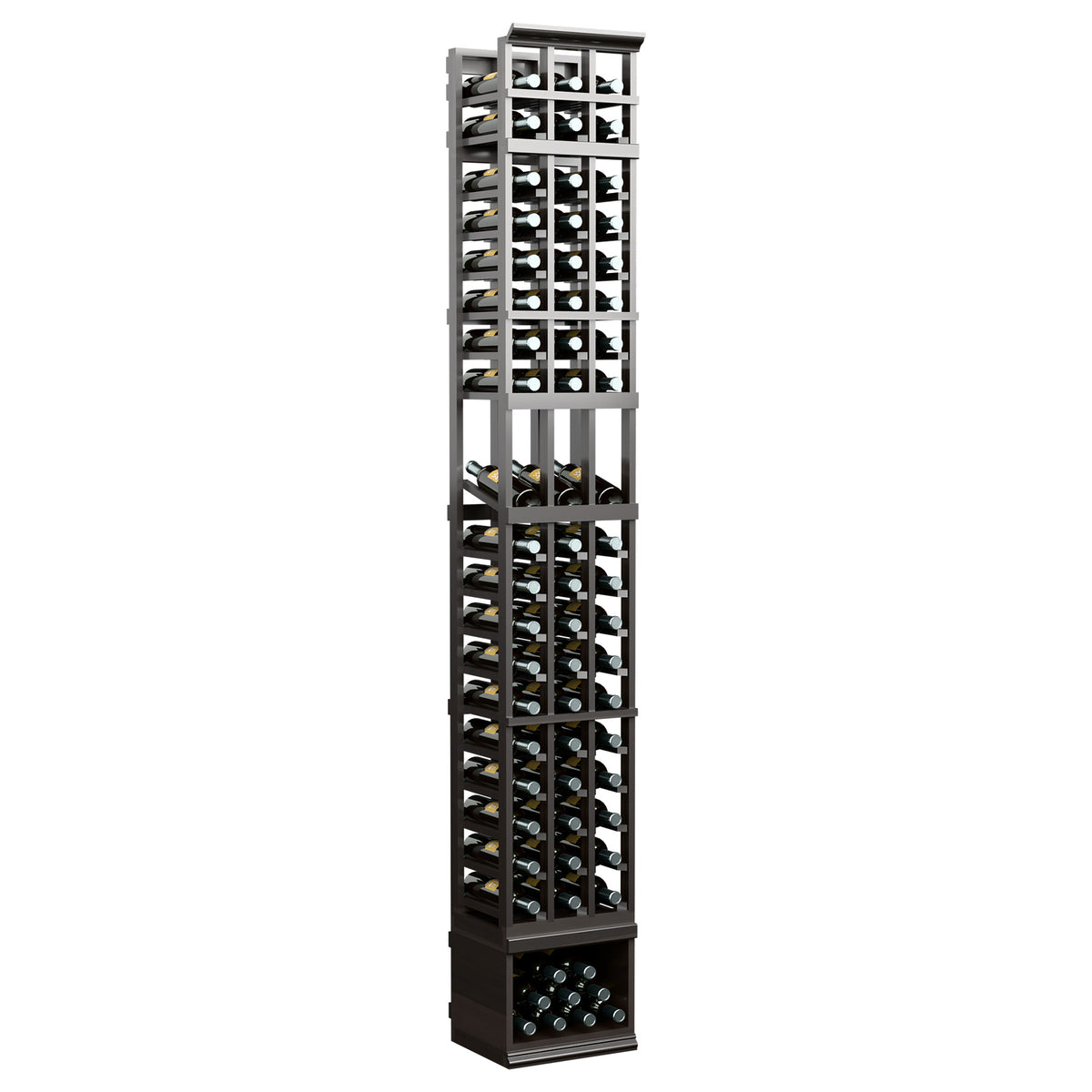 Wine display rack with three columns, bottle slots, dark grey finish