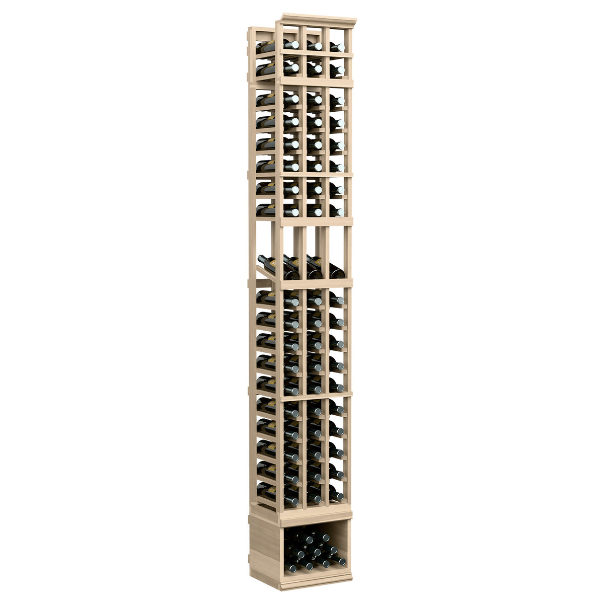 8-ft 3-column wine display rack in light natural wood with bottle storage shelves