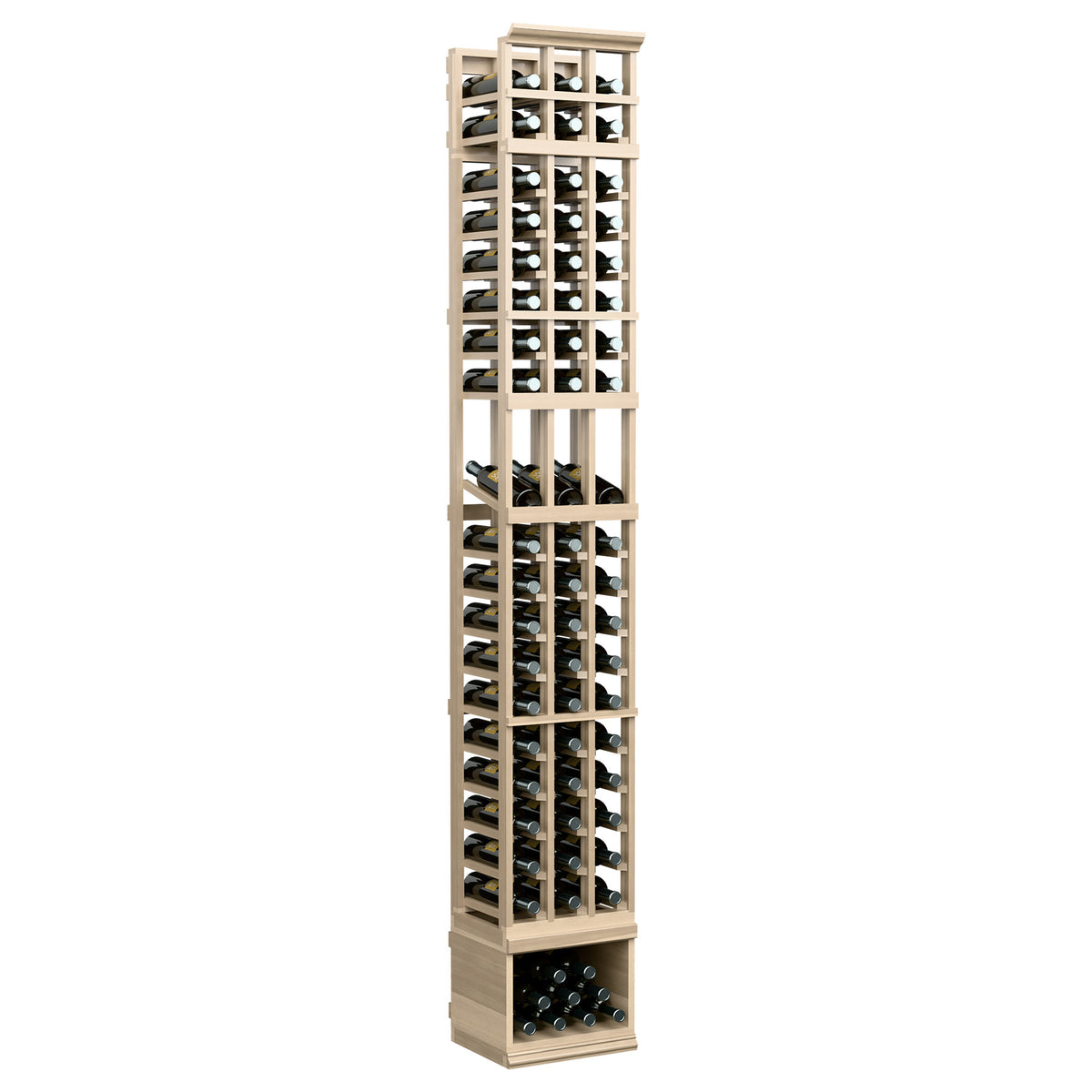 8-ft 3-column wine display rack in light natural wood with front bottle display rows