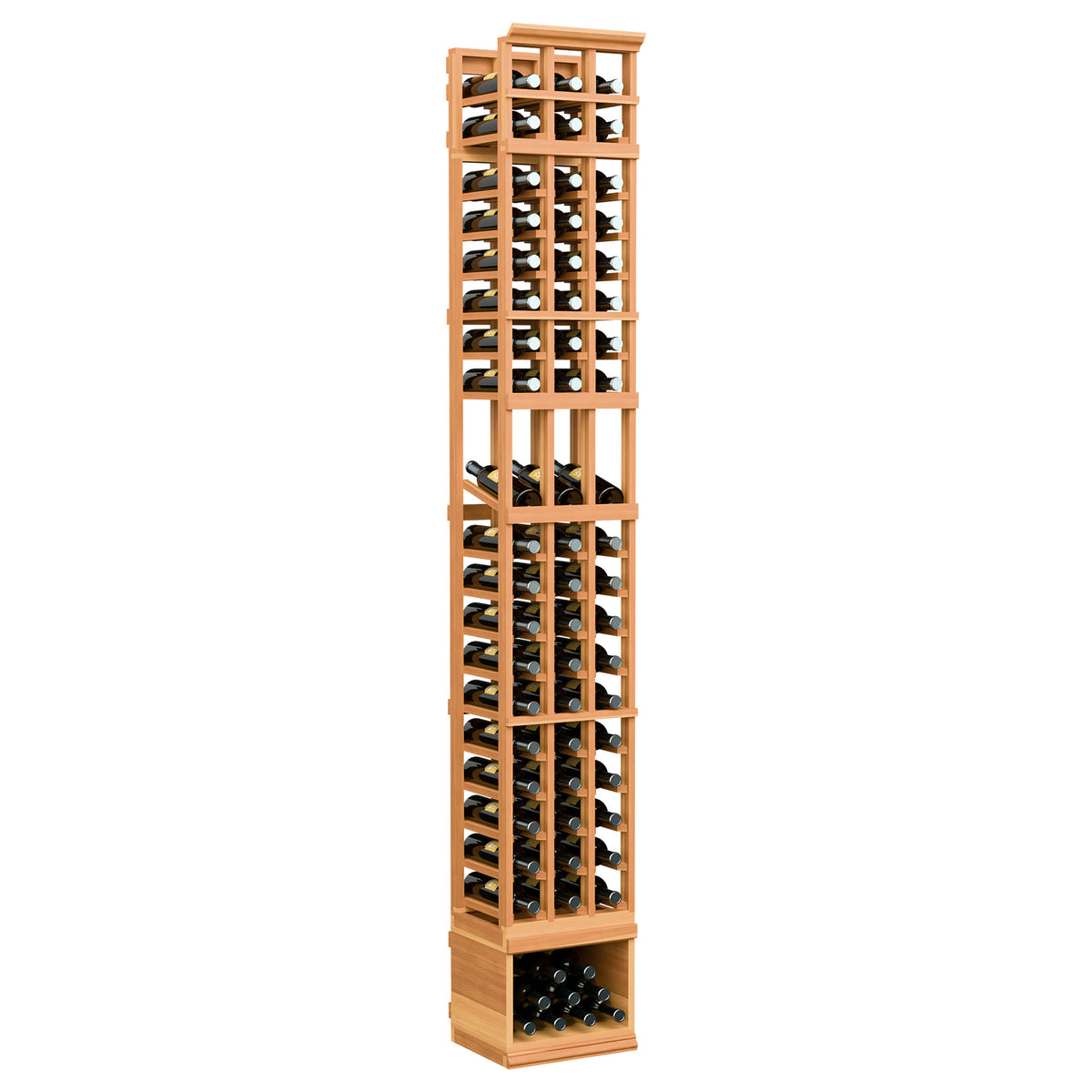 8-ft 3-column wine display rack in warm reddish wood with three bottle storage columns