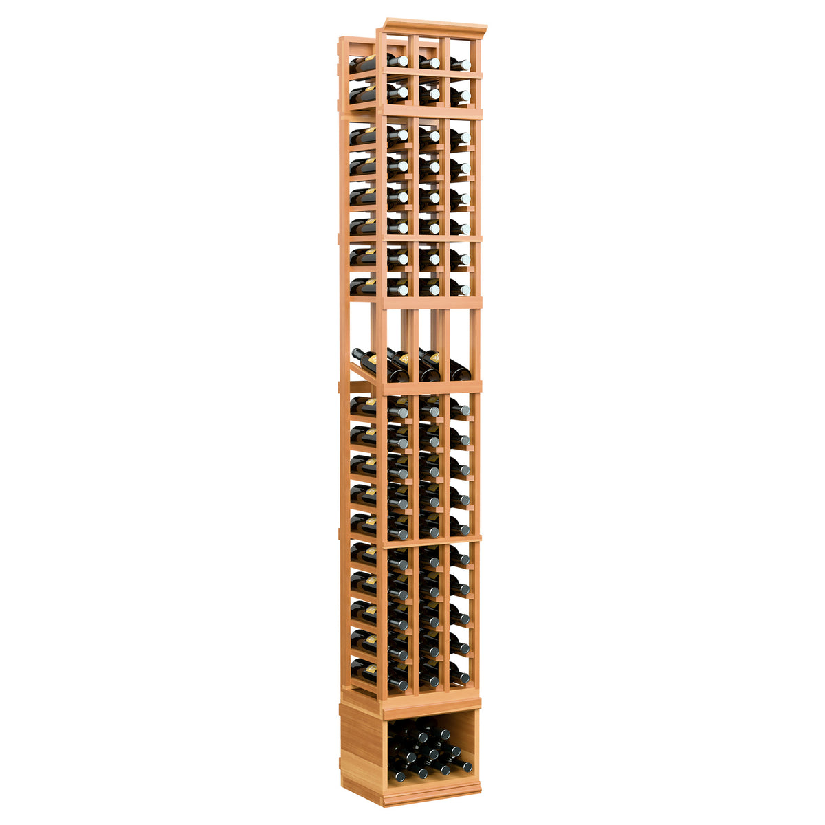 8-ft 3-column wine display rack in warm reddish wood with front bottle storage panels
