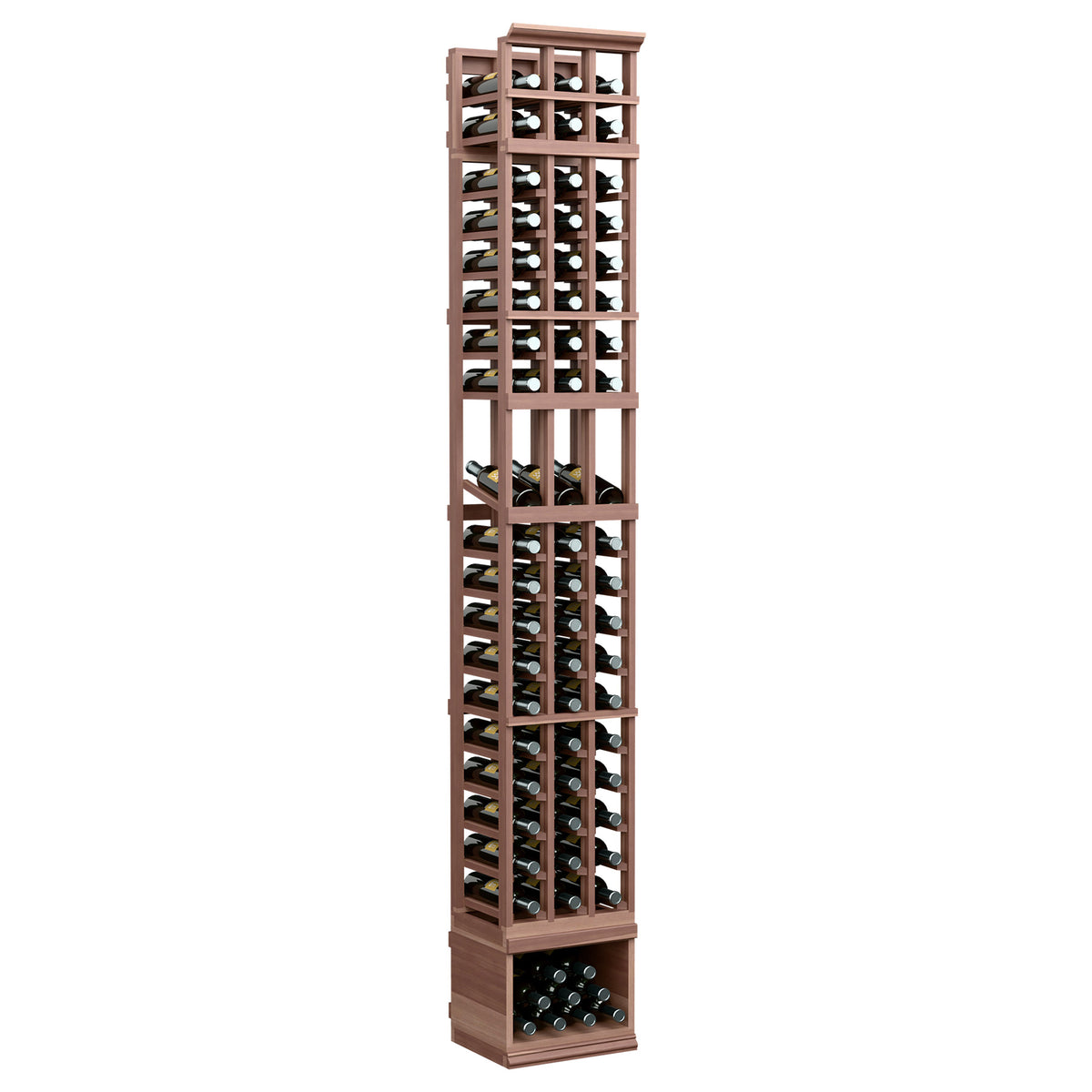8-ft 3-column wine display rack in medium dark brown wood with bottle storage