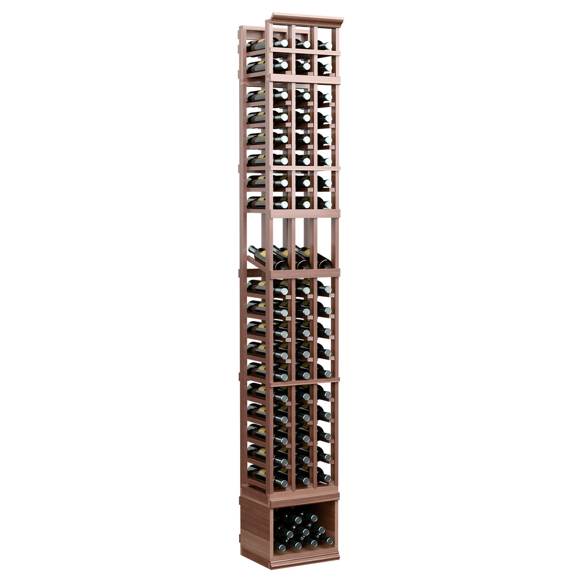 8-ft 3-column wine display rack in medium dark brown wood with front wine slots