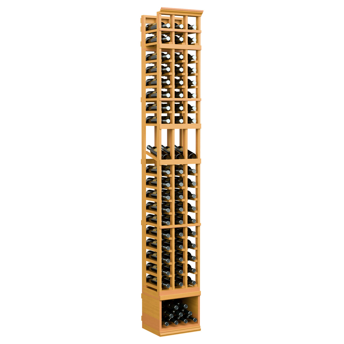 8-ft 3-column wine display rack in golden light wood with three bottle columns