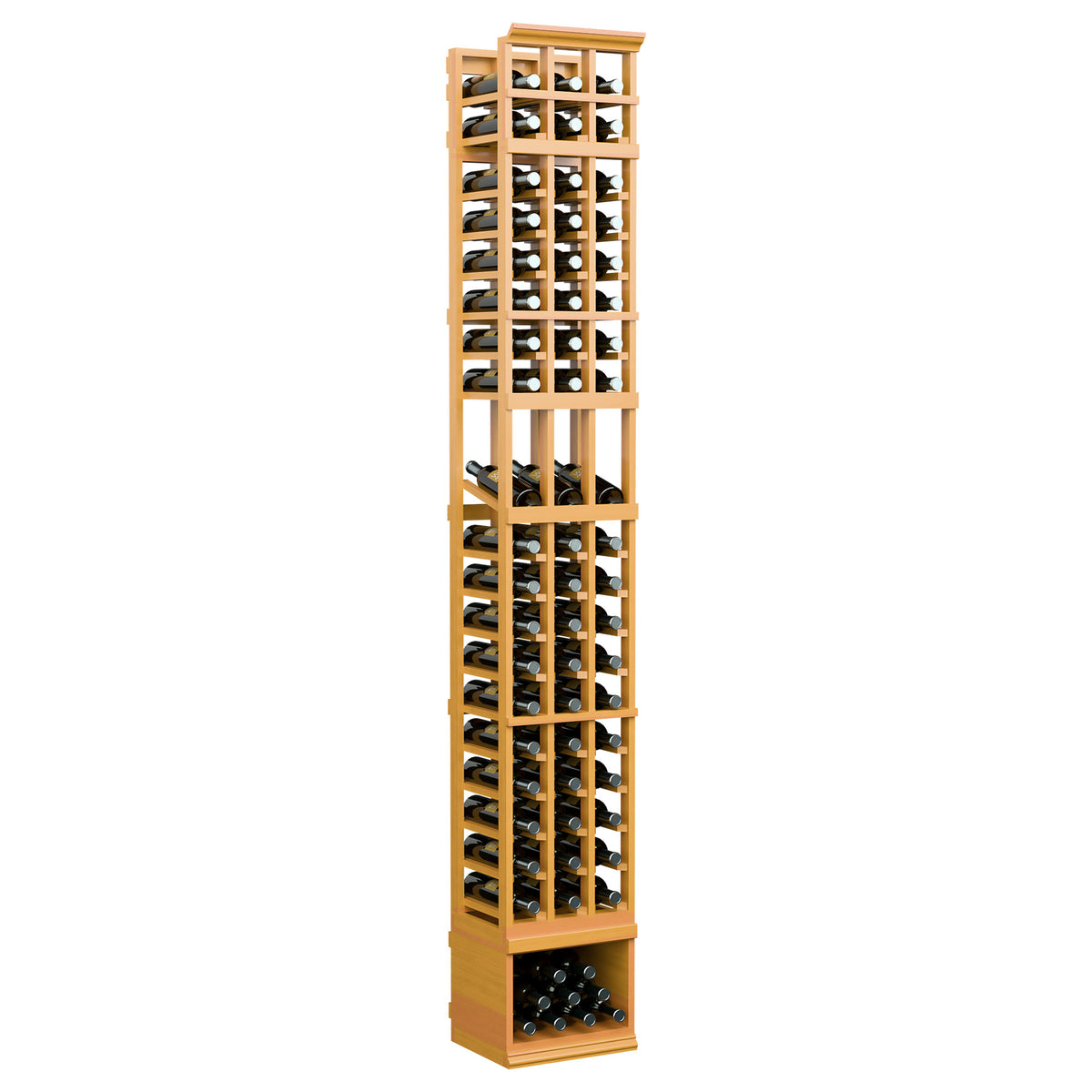 8-ft 3-column wine display rack in golden light wood with front wine display grid