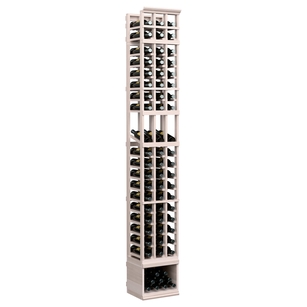 8-ft 3-column wine display rack in light grey wood with front bottle storage rows