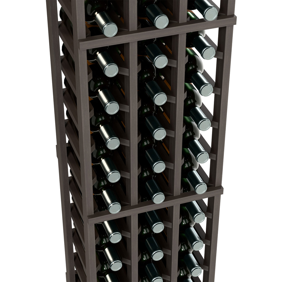 3-column wine rack interior close-up, dark wood grid holding wine bottles