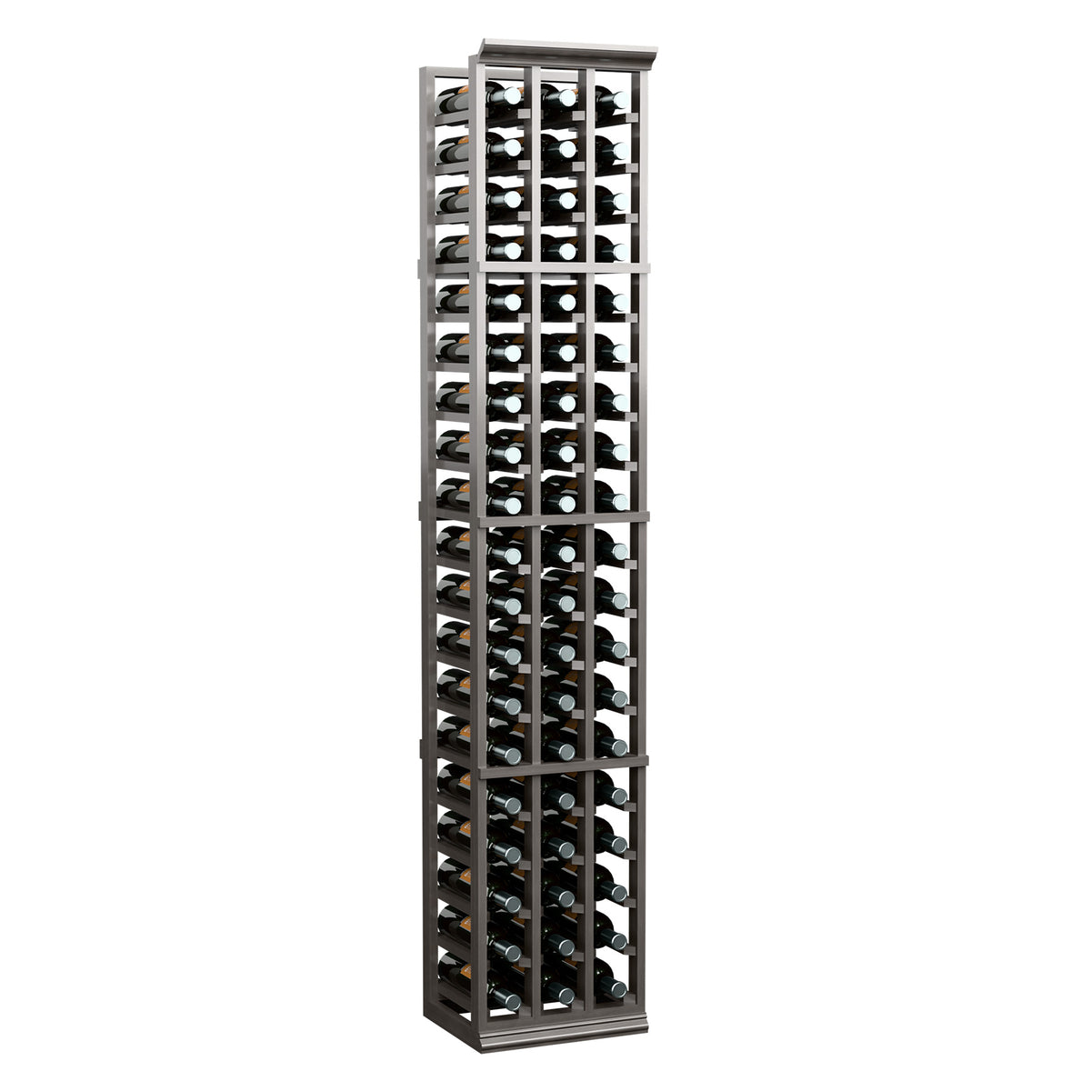 Tall 6 ft wine bottle rack with 3 columns, dark wood frame and bottle rows