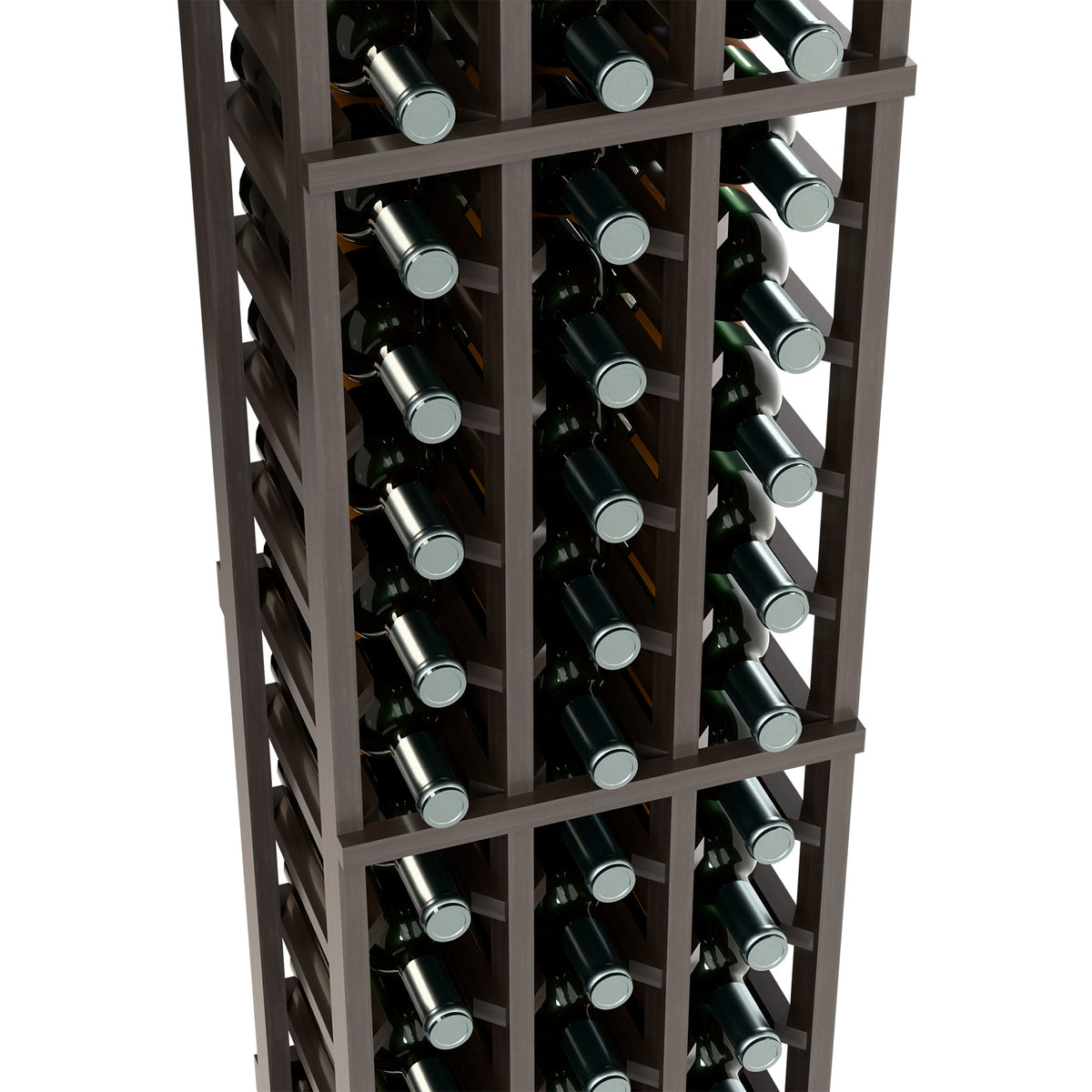 3-column wine rack close-up, dark wood shelving with wine bottles stored upright