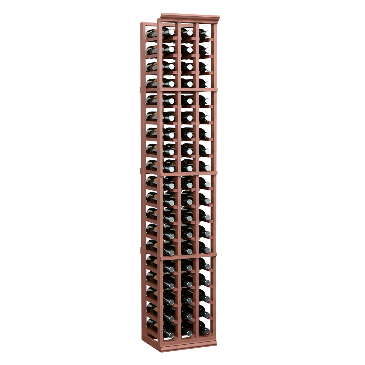 6 ft wine bottle rack with 3 columns, reddish-brown wood frame and angled bottle slots