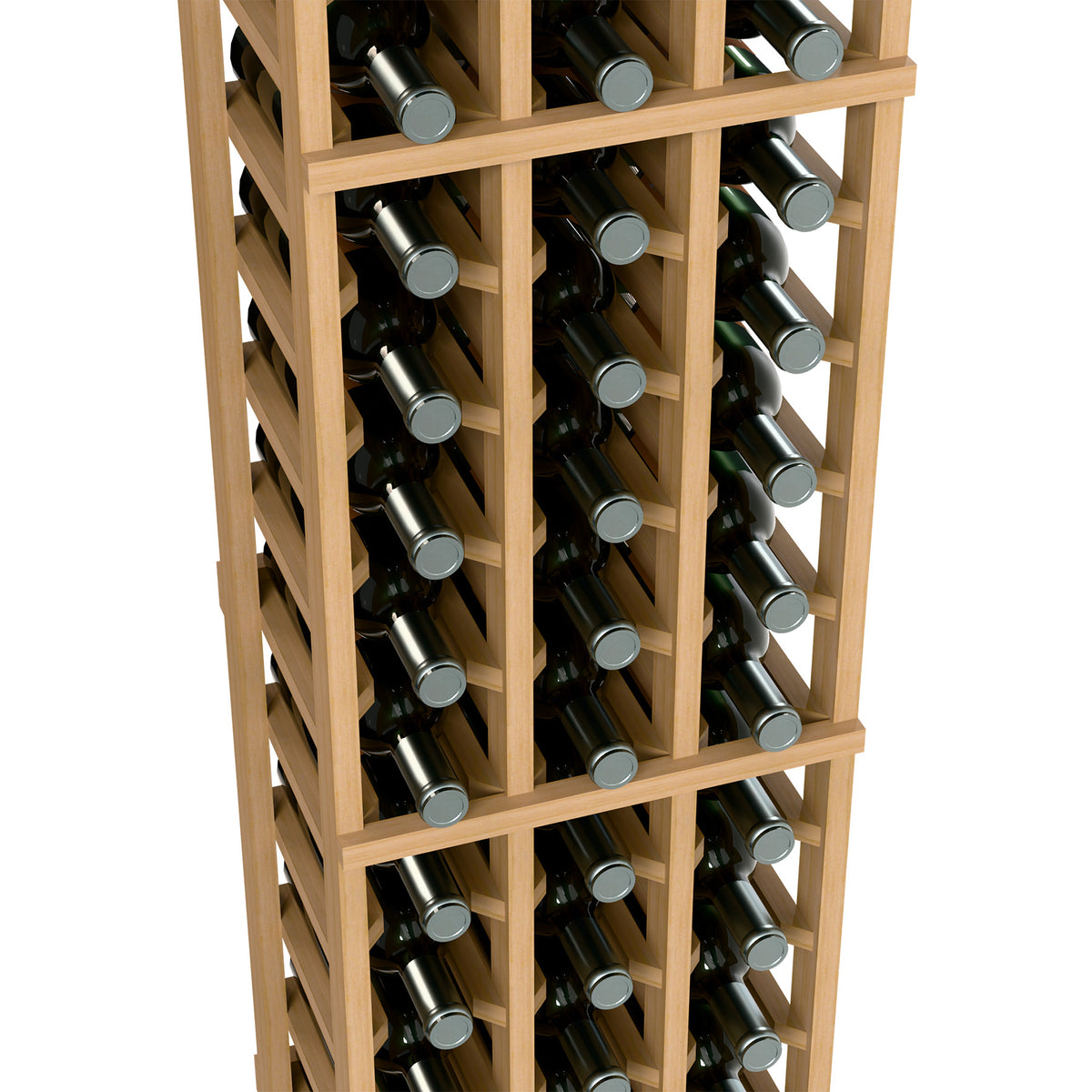 3-column wine rack interior close-up, light wood grid holding wine bottles