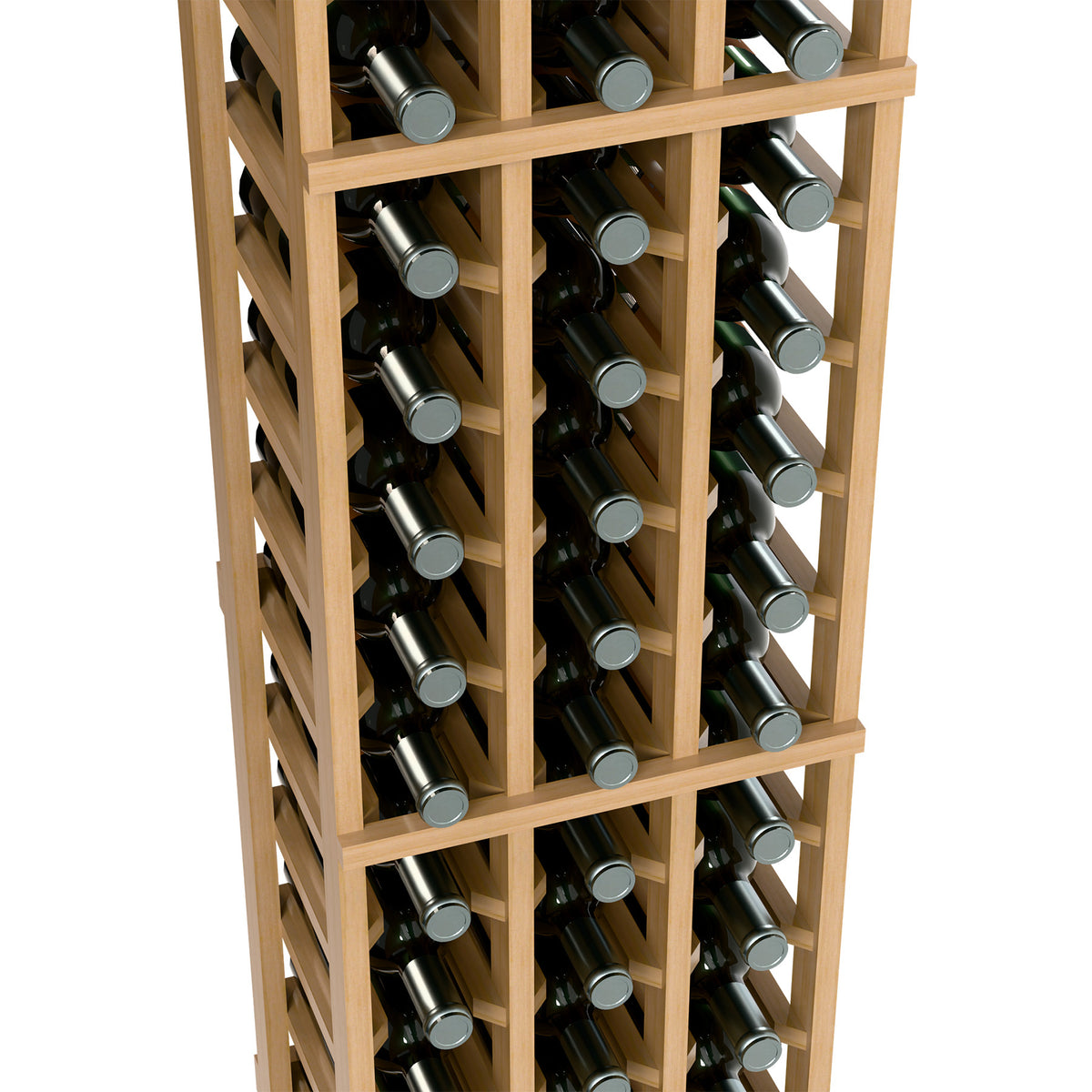 Light wood 3-column wine bottle rack close-up with vertical bottle cradles