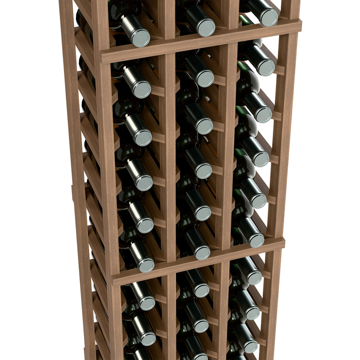 Dark wood 3-column wine bottle rack close-up with vertical bottle cradles